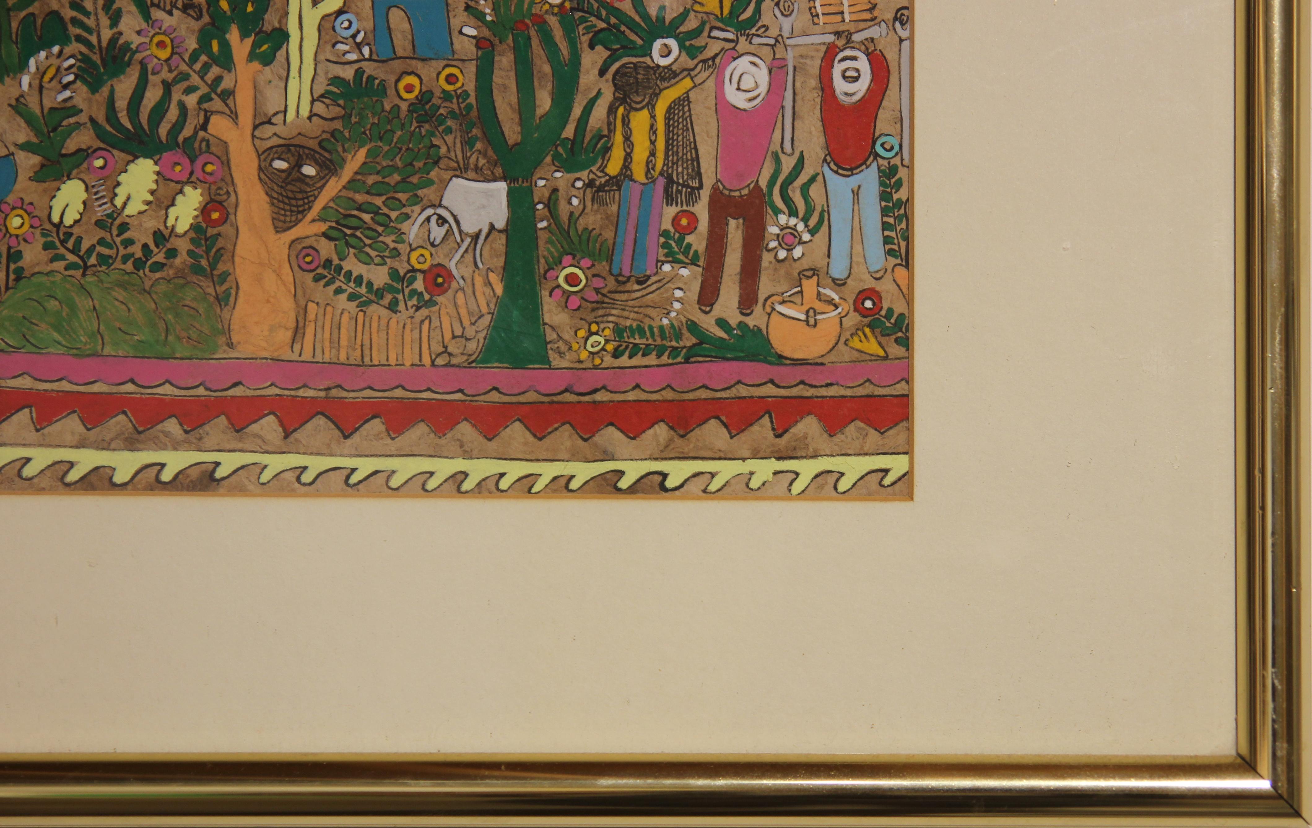 Colorful Green and Red Mexican Amate Folk Art Figurative Landscape Painting 3