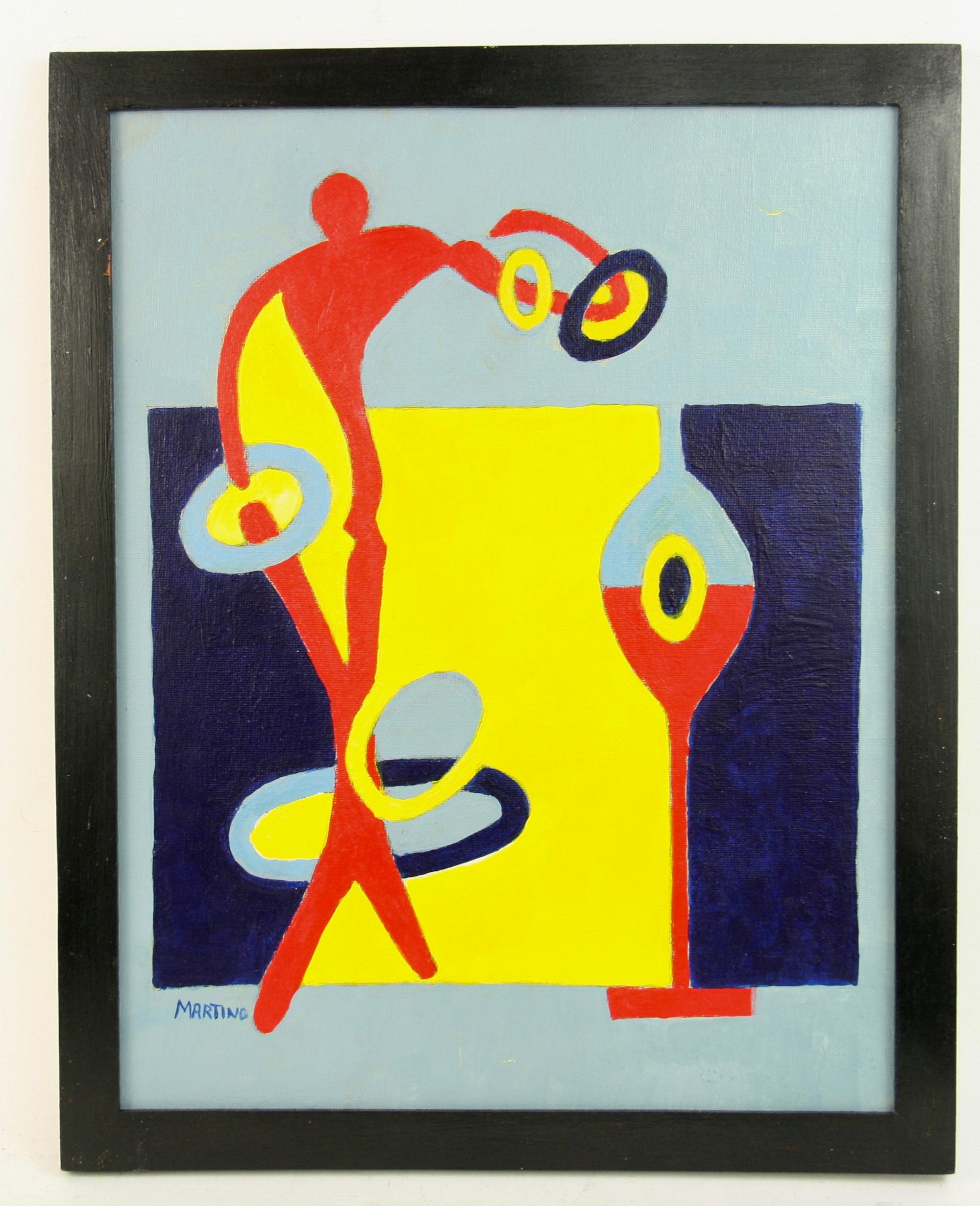 Pintura surrealista en lienzo titulada «Malabarista colorido», firmada, 14x11"