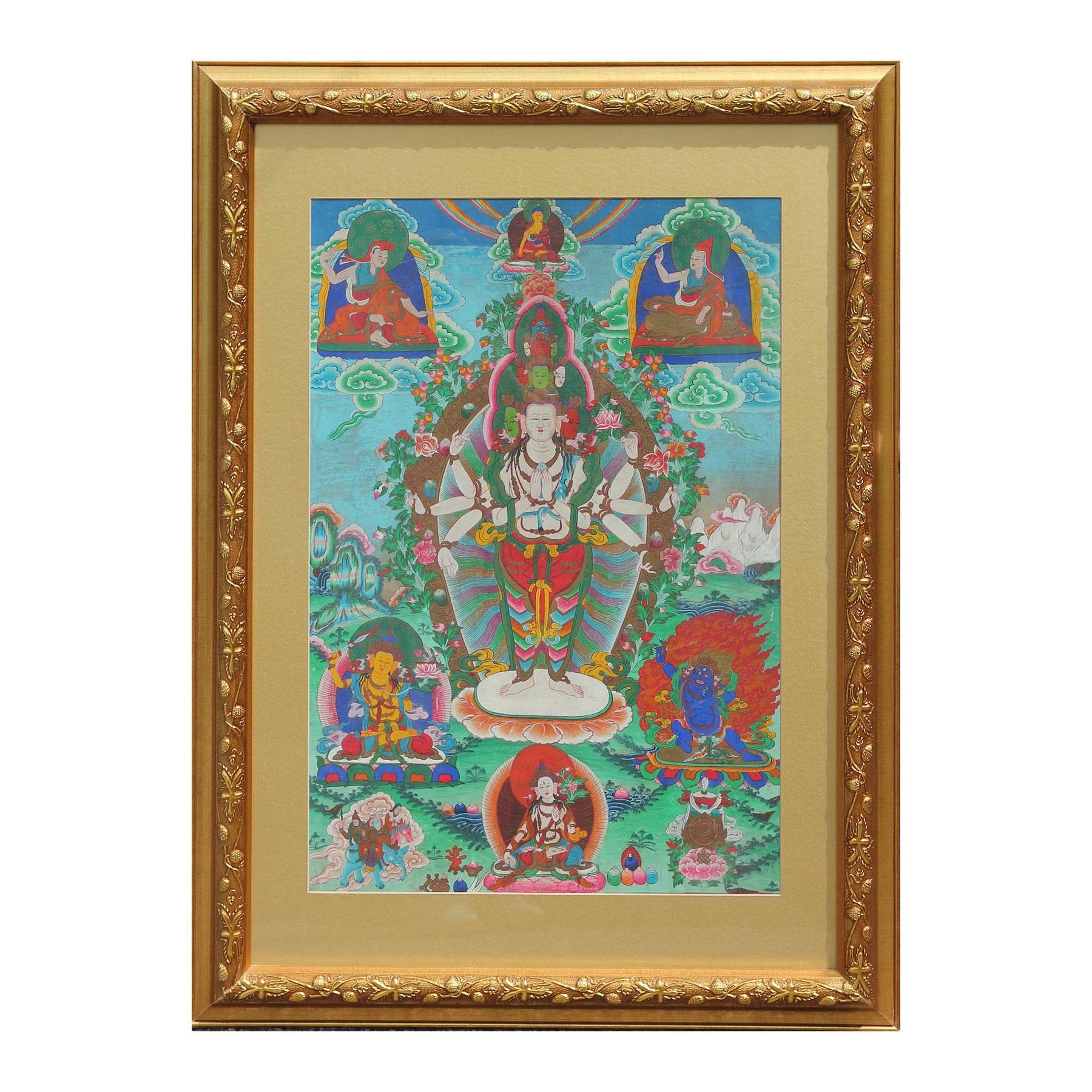 Unknown Abstract Painting - Colorful Lokeshwor Traditional Tibetan Thangka Buddhist Deity Painting