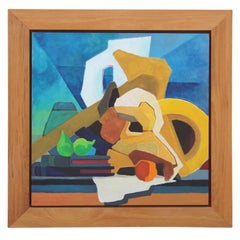 Colorful Mid Century Modern Blue, Yellow, Green Geometric Abstract Still Life