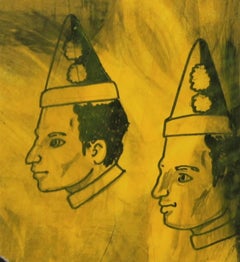 Colorful Modern Abstract Yellow Cartoon Wolf and Clowns Pop Art Painting