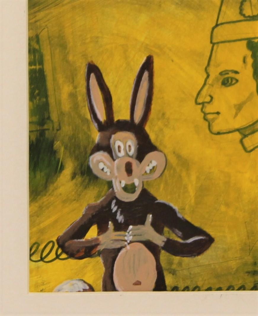 Quadro pop art giallo dai colori vivaci raffigurante un lupo con clown che fluttuano sullo sfondo. Il personaggio del lupo ricorda il classico personaggio dei Looney Toons Wile E. Coyote. Firmato e datato dall'artista sul retro. Attualmente montato