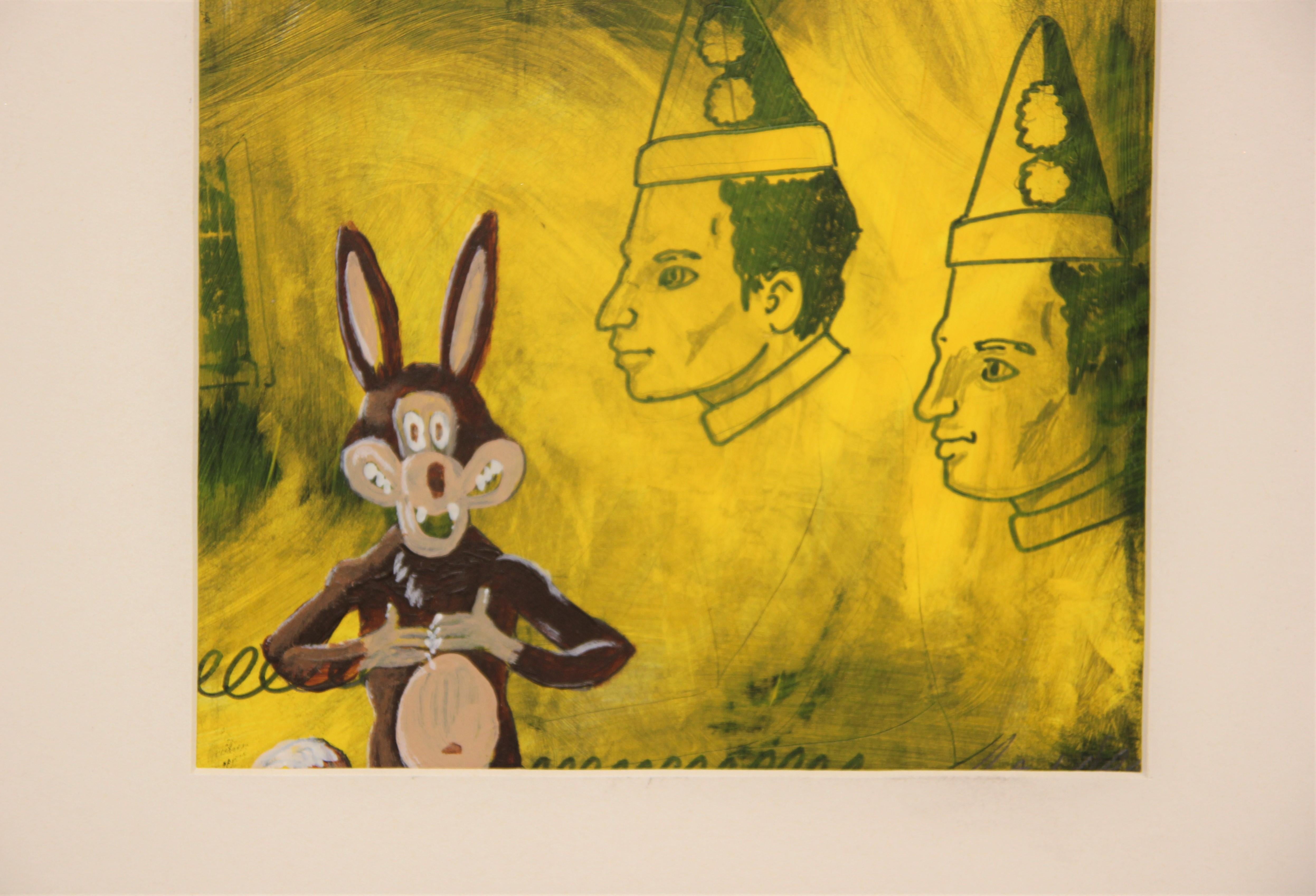 Peinture pop art jaune aux couleurs vives représentant un loup avec des clowns flottant en arrière-plan. Le personnage du loup n'est pas sans rappeler le personnage classique de Looney Toons, Wile E. Coyote. Signé et daté par l'artiste au dos.