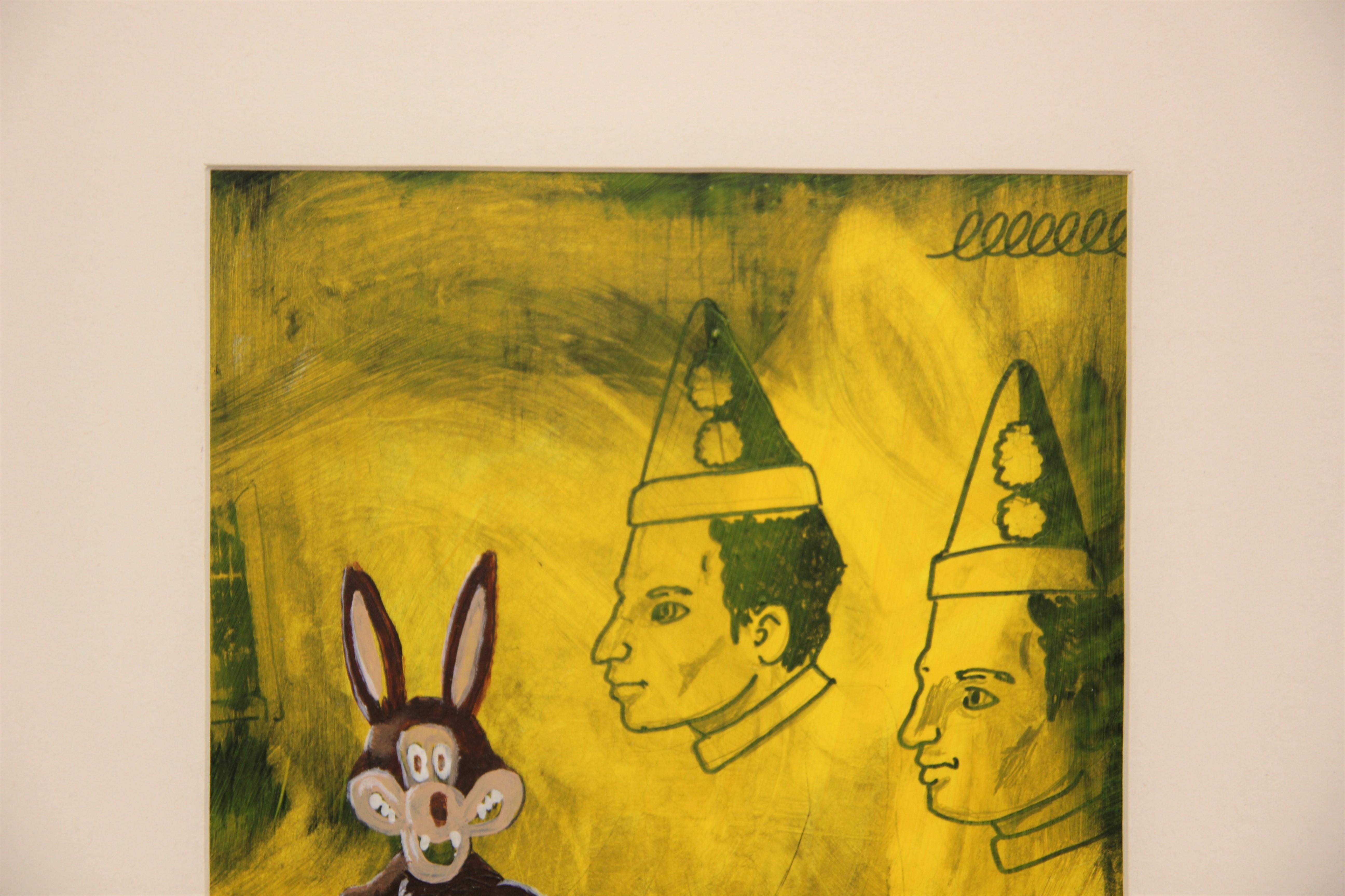 Peinture Pop Art moderne abstraite colorée de loup et de clowns en jaune en vente 1