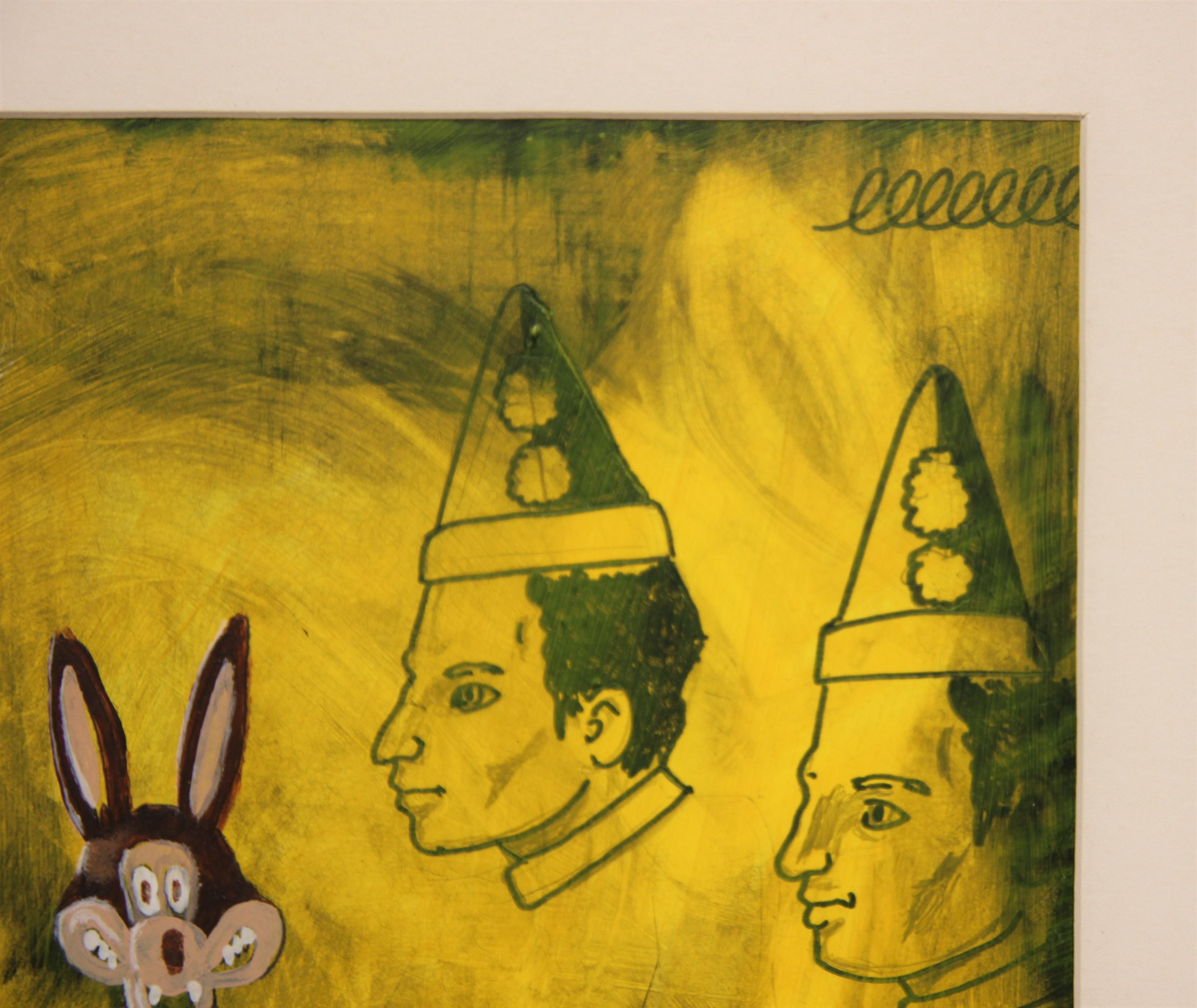Peinture Pop Art moderne abstraite colorée de loup et de clowns en jaune en vente 2