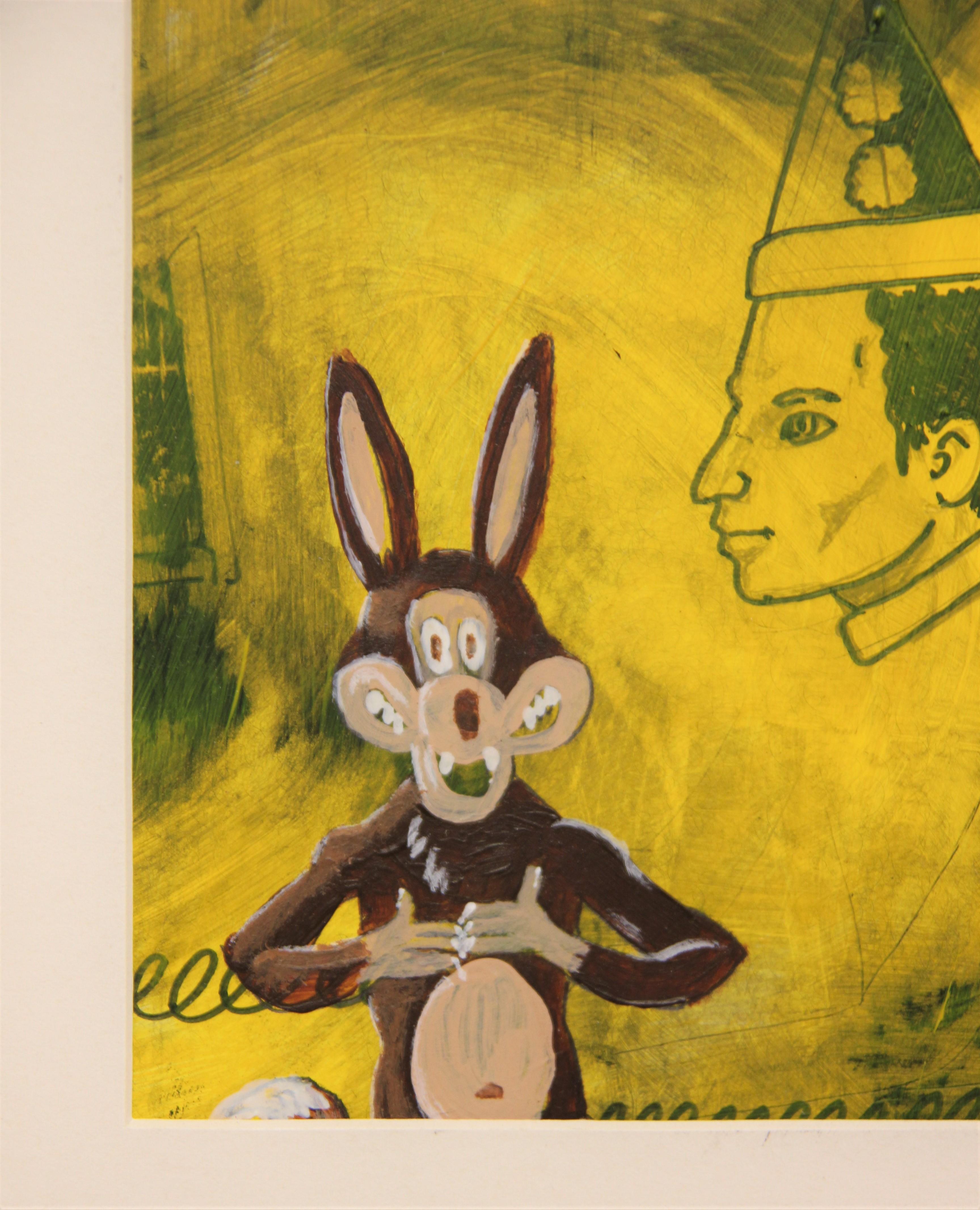 Peinture Pop Art moderne abstraite colorée de loup et de clowns en jaune en vente 3