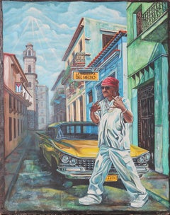 Vintage Colorful Modern Contemporary Cuban Street Scene Painting