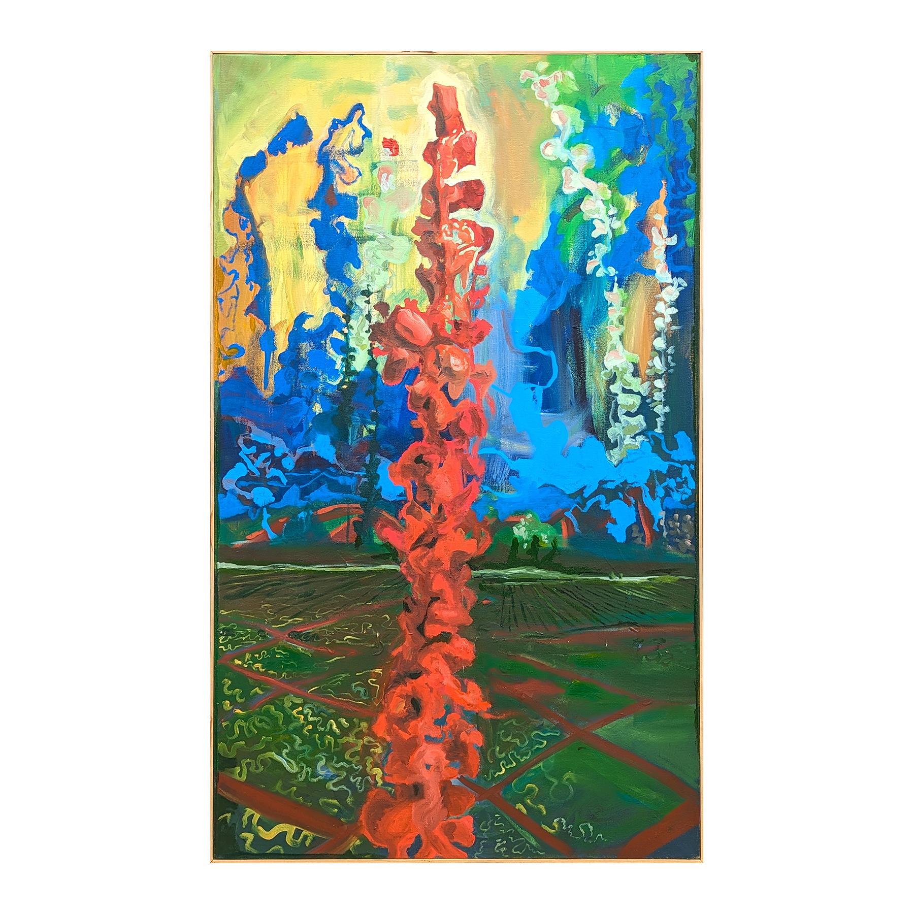 Colorful Modern Red, Blue, and Green Toned Gladiola Inspired Abstract Landscape - Painting by Unknown