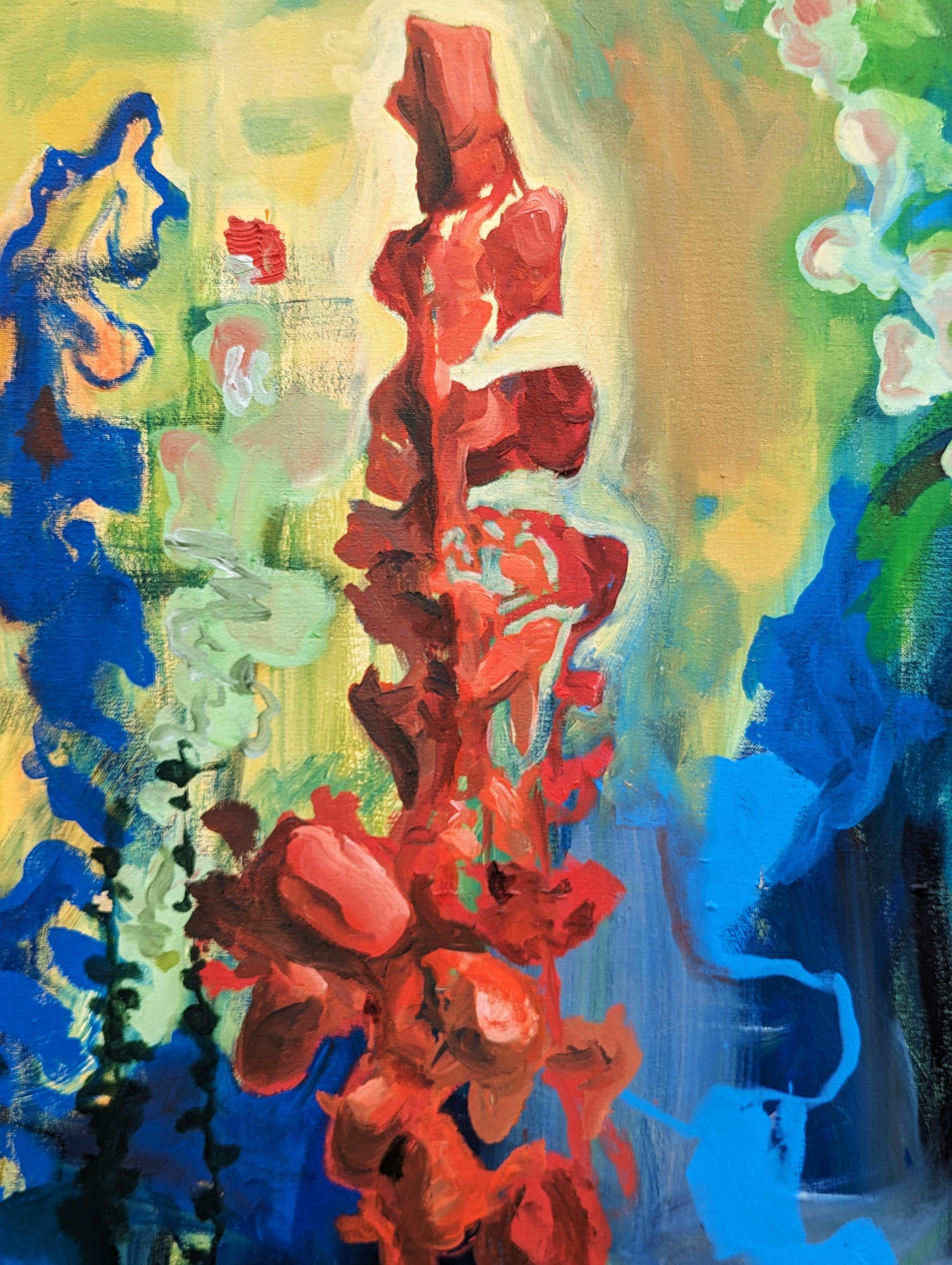 Colorful Modern Red, Blue, and Green Toned Gladiola Inspired Abstract Landscape For Sale 6
