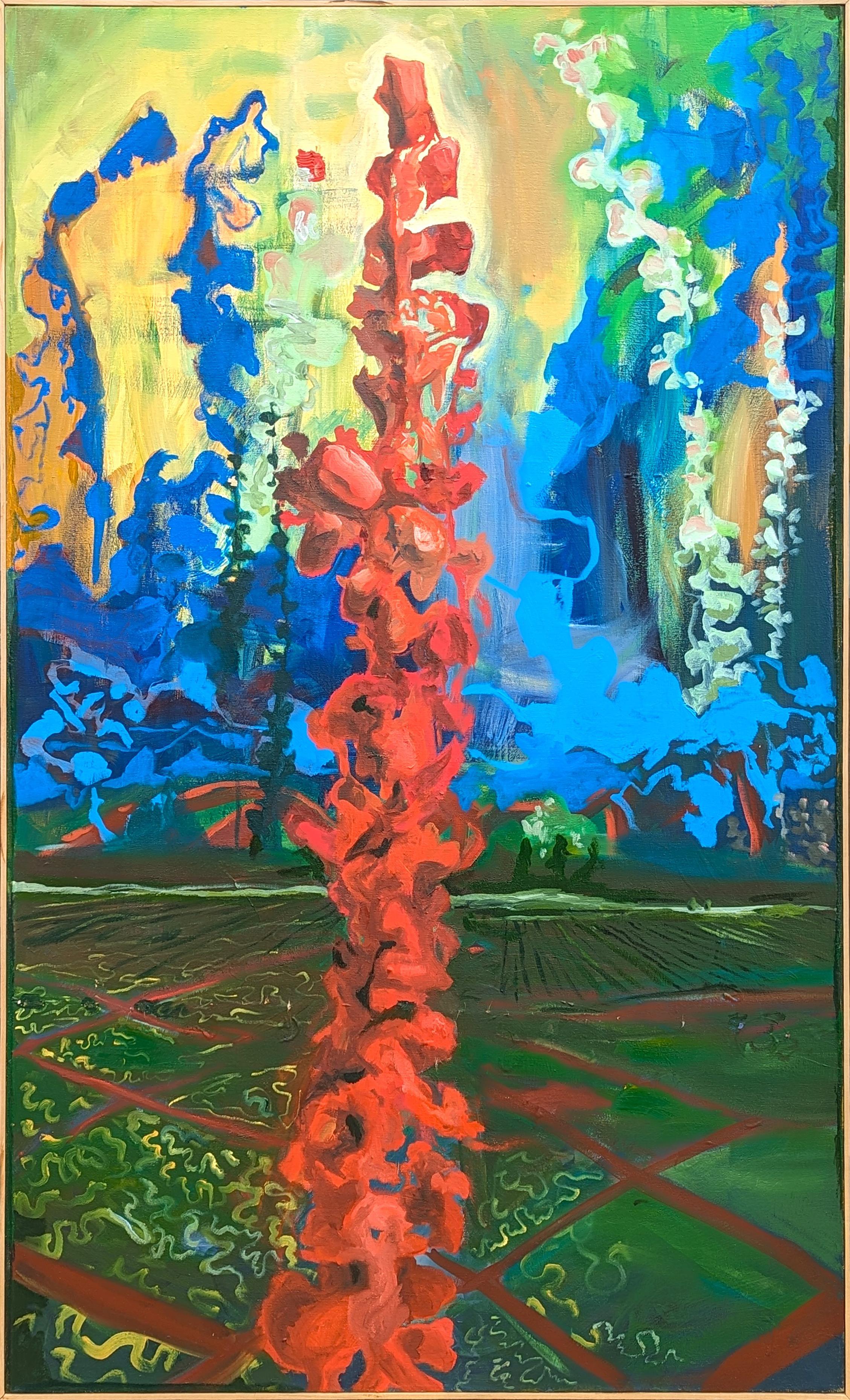 Unknown Abstract Painting - Colorful Modern Red, Blue, and Green Toned Gladiola Inspired Abstract Landscape