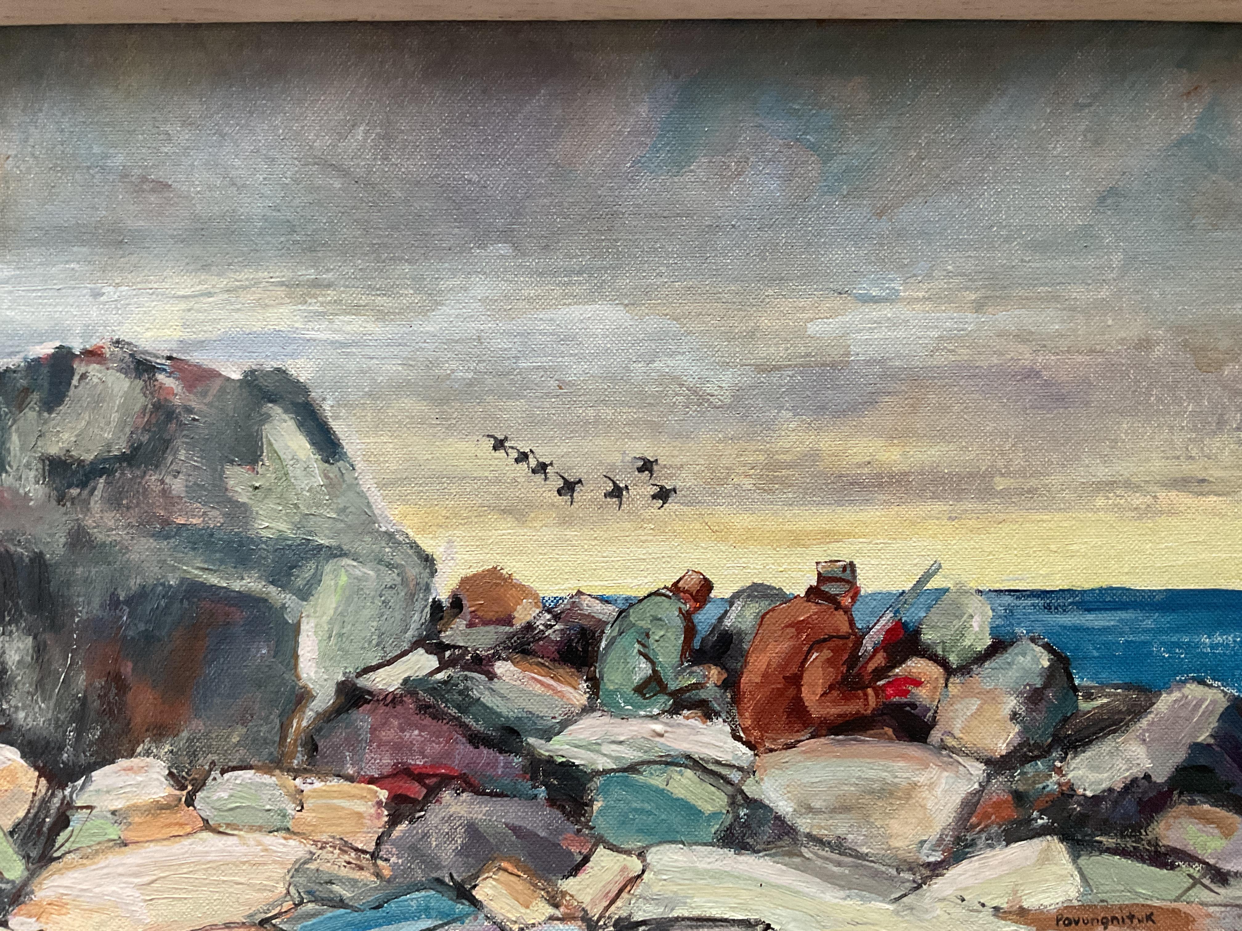 Peinture à l'huile moderniste colorée représentant la chasse au canard et à la frome, datée de 1966 - Hudson Bay Area - Modernisme américain Painting par Unknown