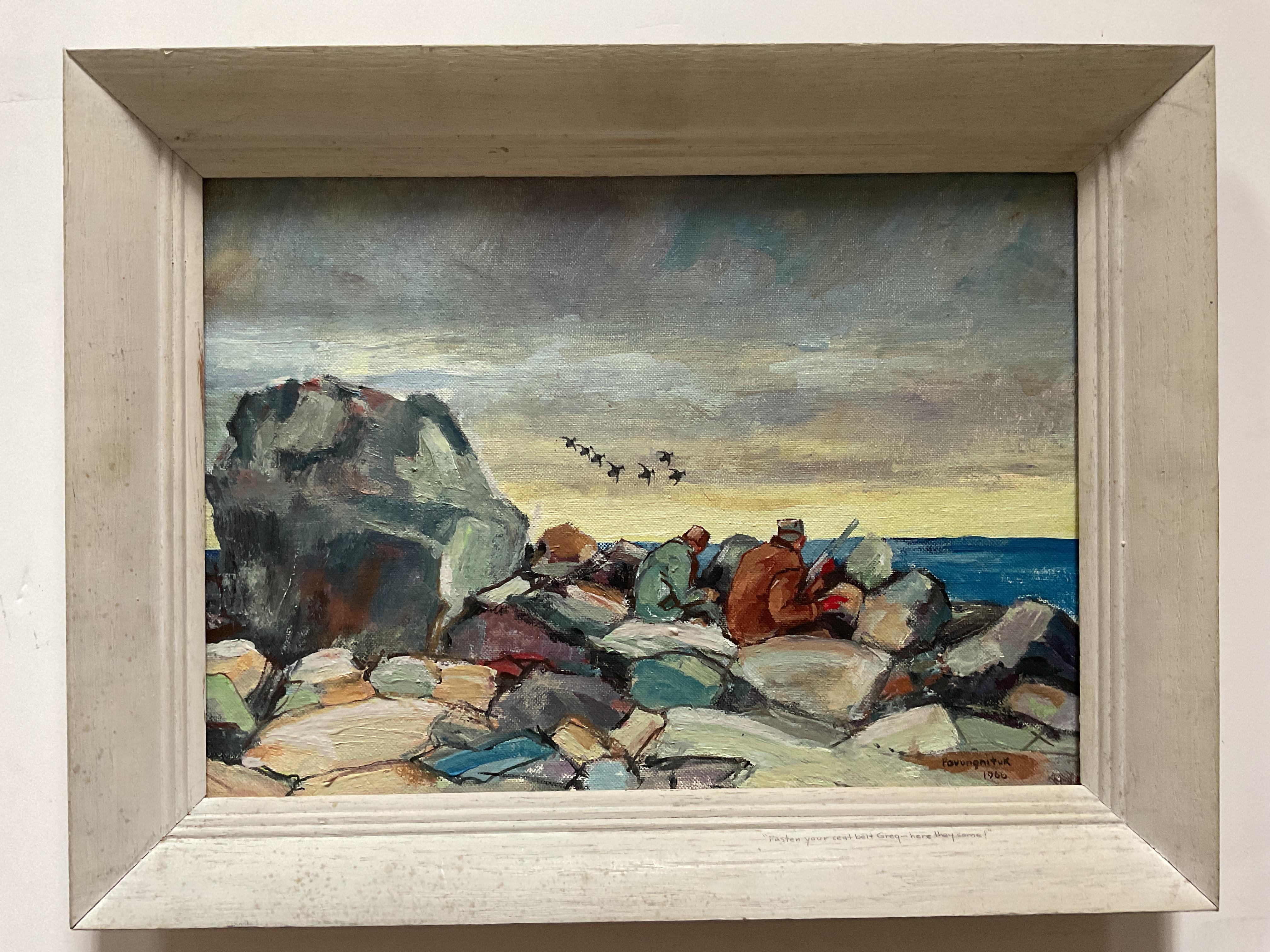 This colorful painting of two duck hunters on a trip to the eastern side of the Hudson Bay in Canada is done in a modernist style.  Unsigned, the work includes an abstracted rocky coastline against the blue waters of the open bay. The rocks are