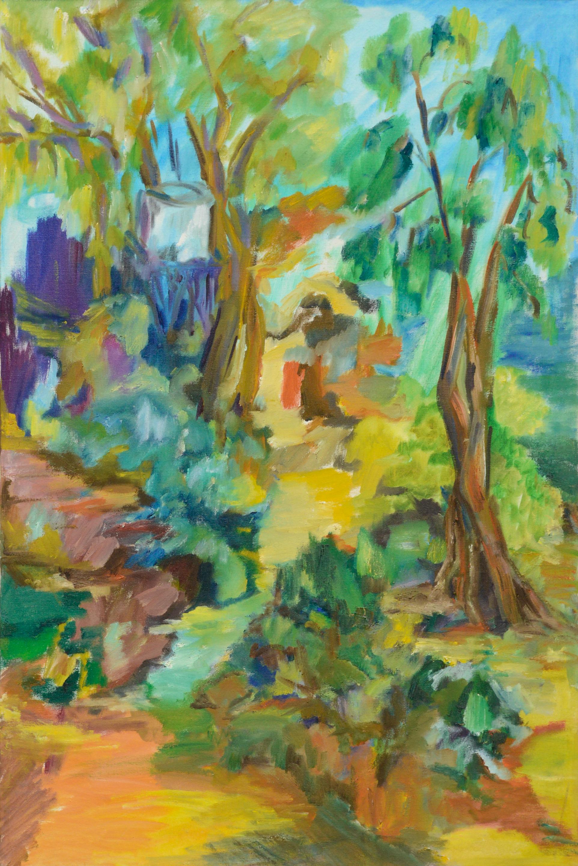 Path Through the Trees, Colorful Abstracted Modern Figurative Landscape - Painting by Unknown