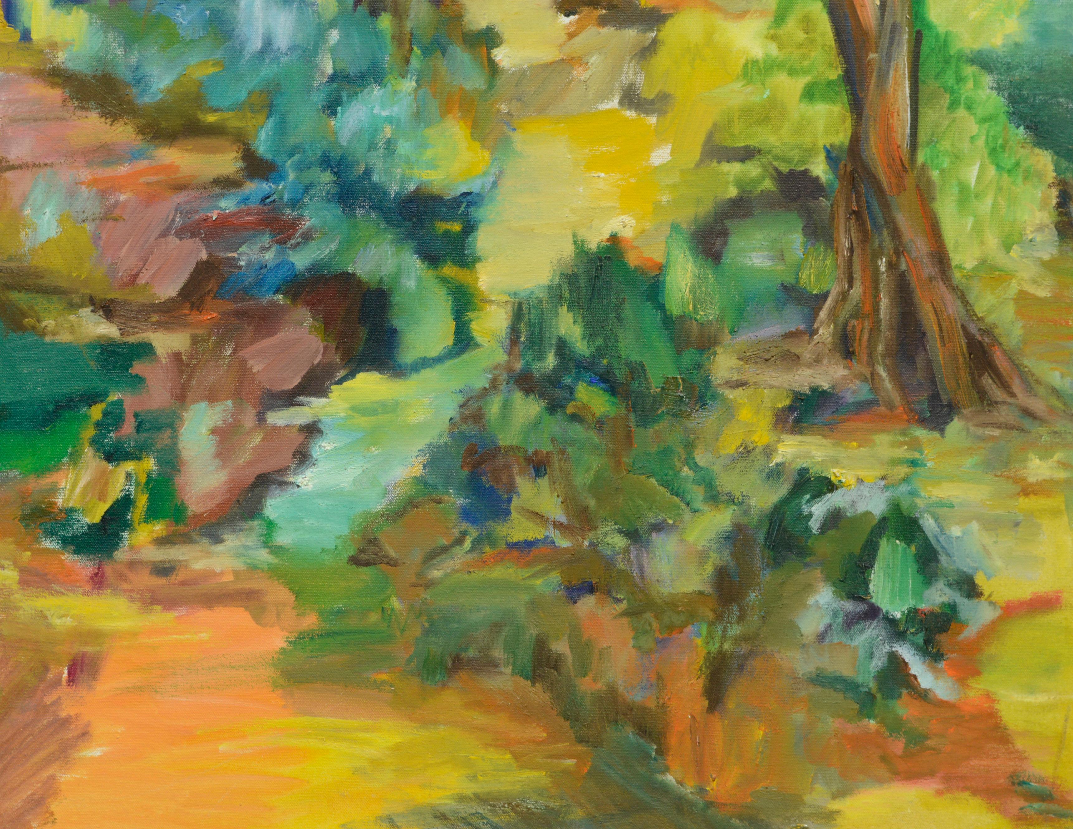 Path Through the Trees, Colorful Abstracted Modern Figurative Landscape - Post-Impressionist Painting by Unknown