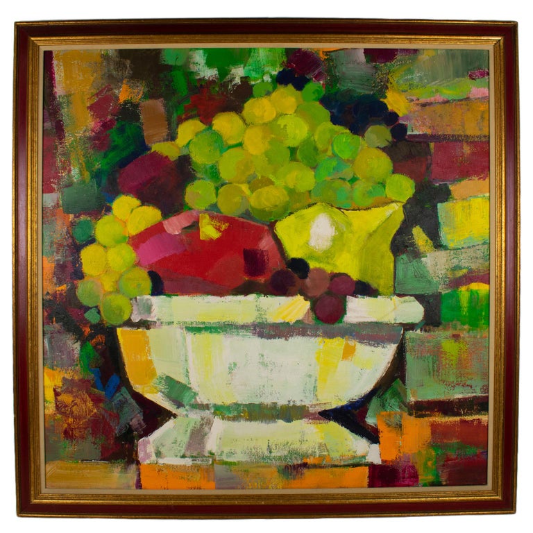 Colorful Still Life of Bowl with Fruits Oil on Canvas Painting For Sale 3