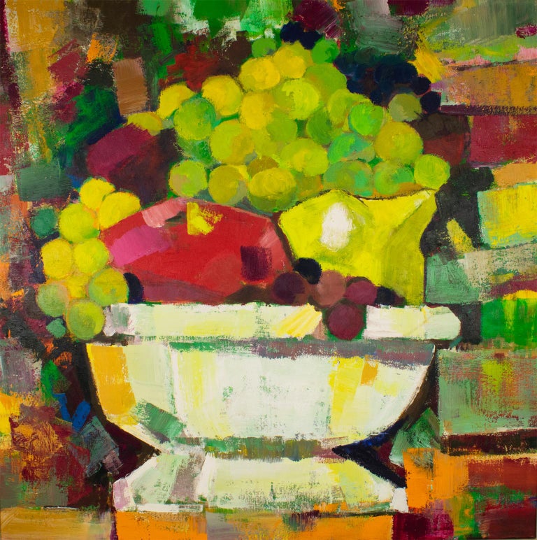 Colorful Still Life of Bowl with Fruits Oil on Canvas Painting For Sale 4