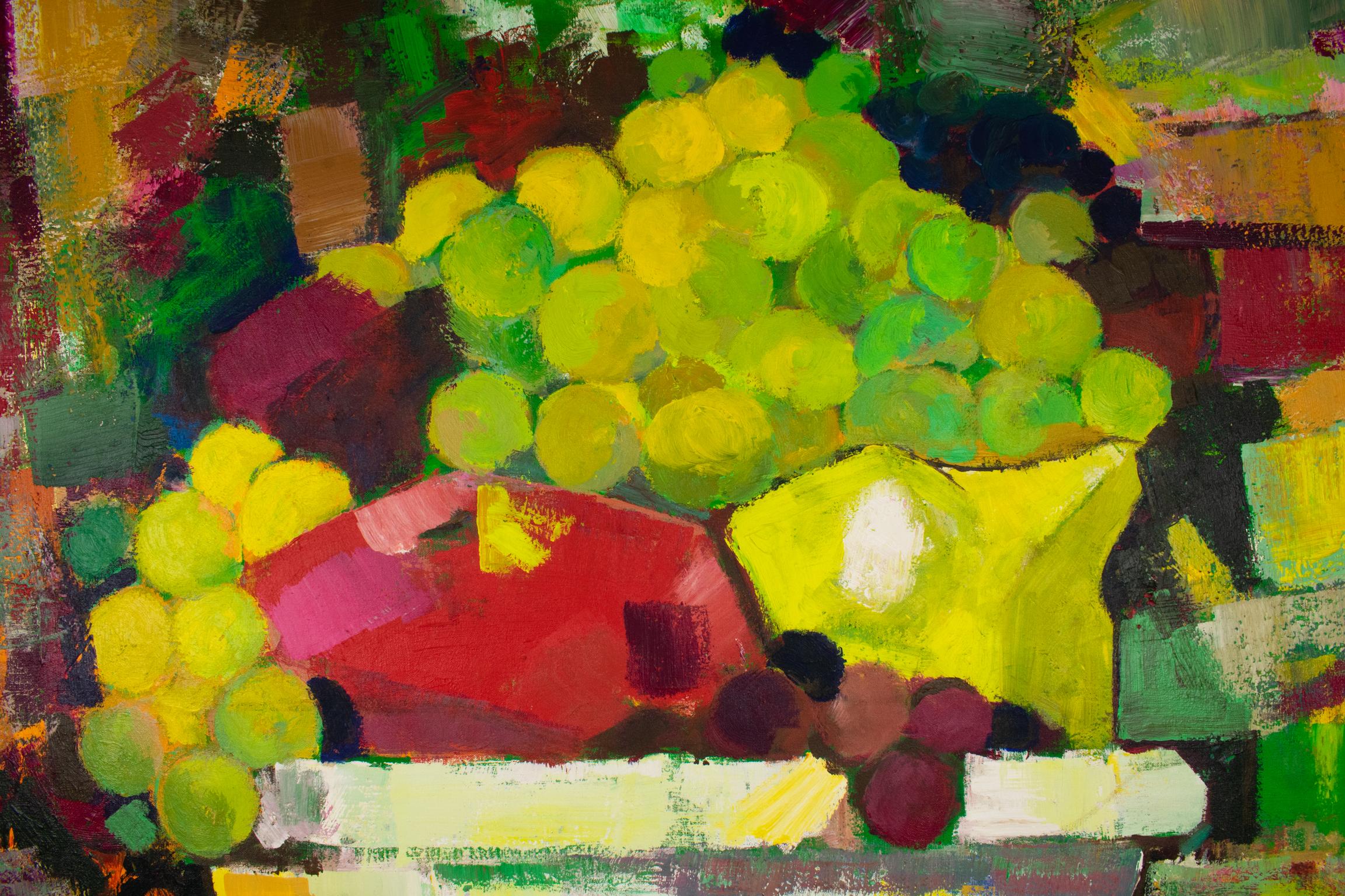 Nature morte colorée d'un bol avec des fruits, peinture à l'huile sur toile en vente 3