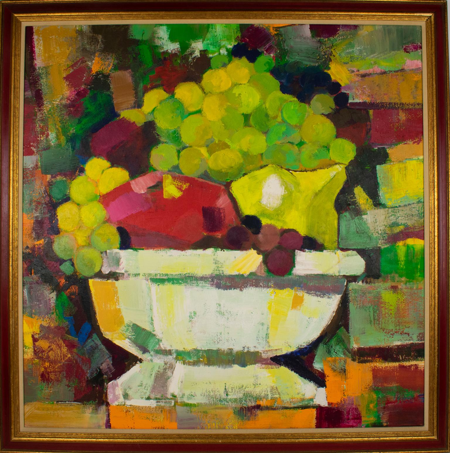 Still-Life Painting Unknown - Nature morte colorée d'un bol avec des fruits, peinture à l'huile sur toile