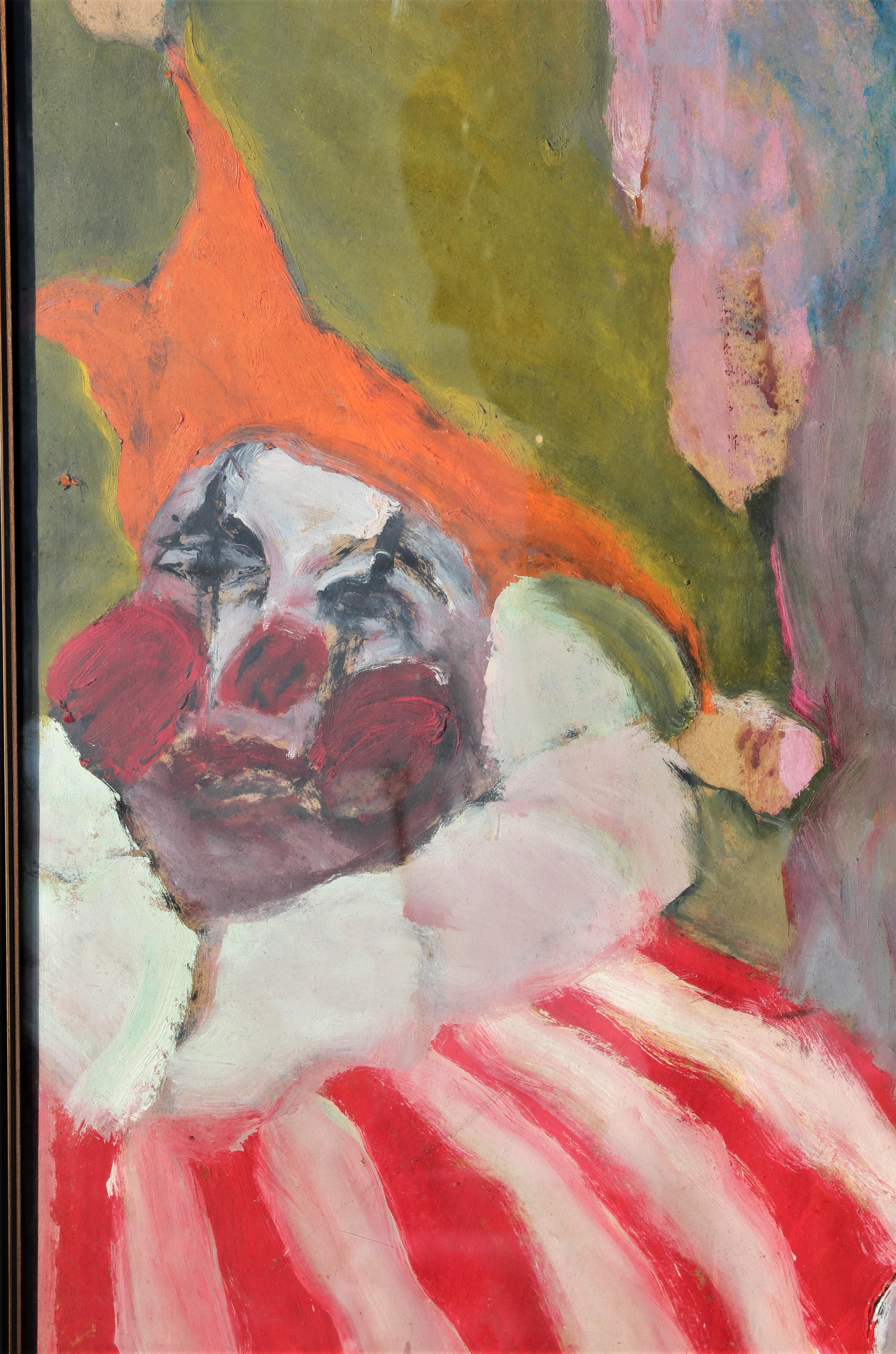 Colorful Surreal Abstract Expressionist Painting of a Macabre Group of Clowns For Sale 4