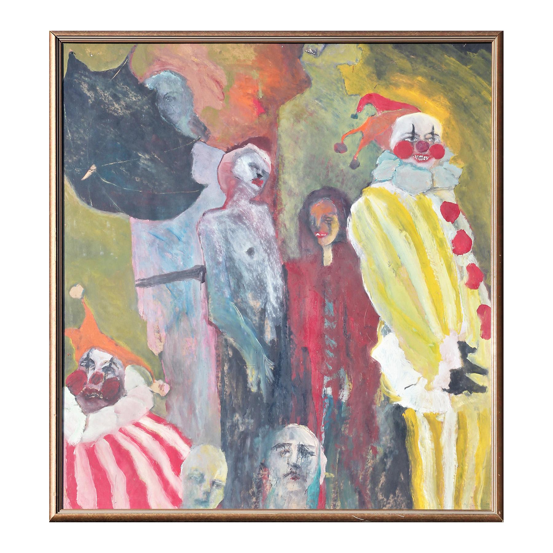 Buntes surreales abstraktes expressionistisches Gemälde einer karibischen Gruppe von Clowns, Surreal – Painting von Unknown