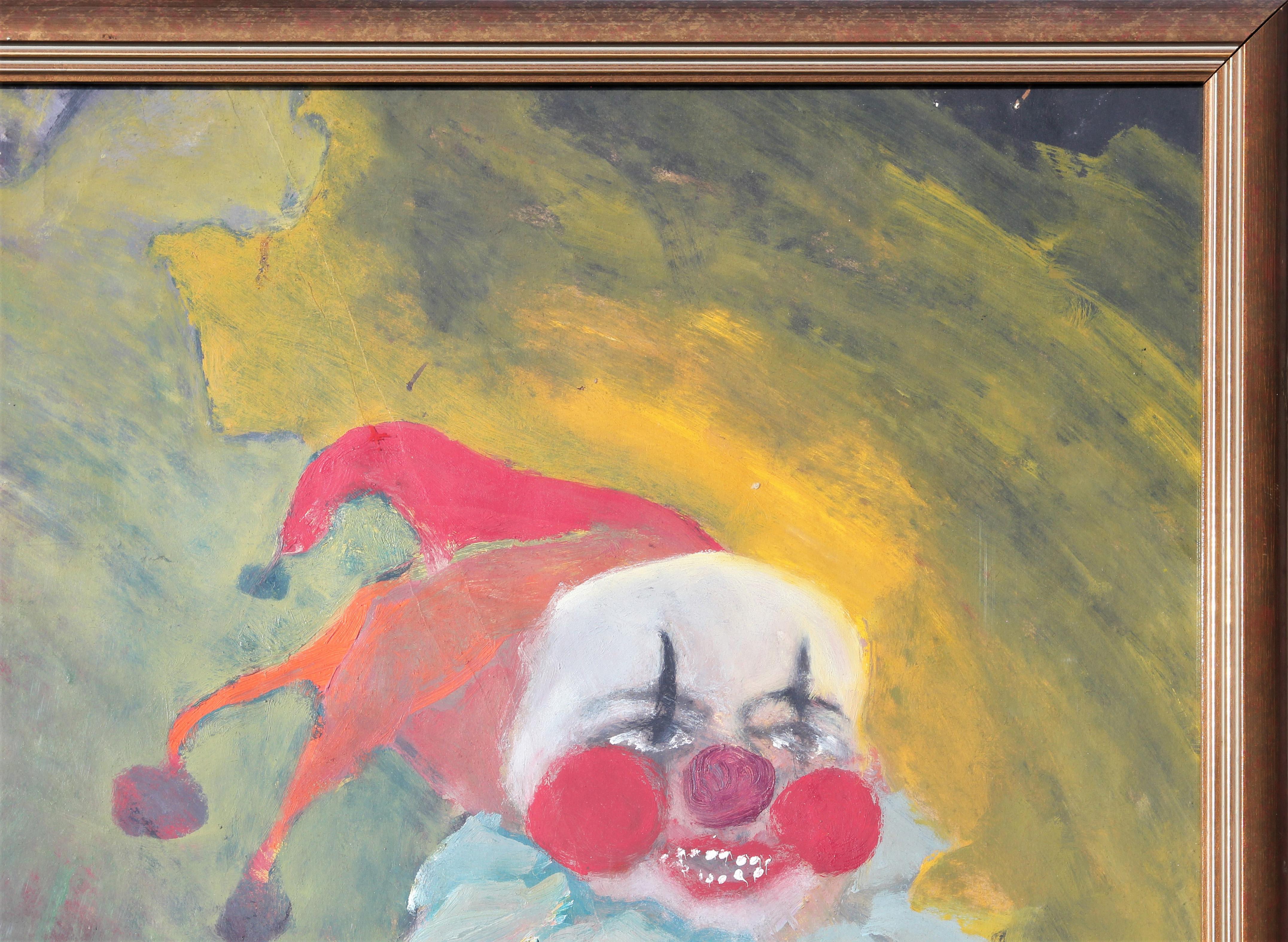 Buntes surreales abstraktes expressionistisches Gemälde einer karibischen Gruppe von Clowns, Surreal (Braun), Figurative Painting, von Unknown