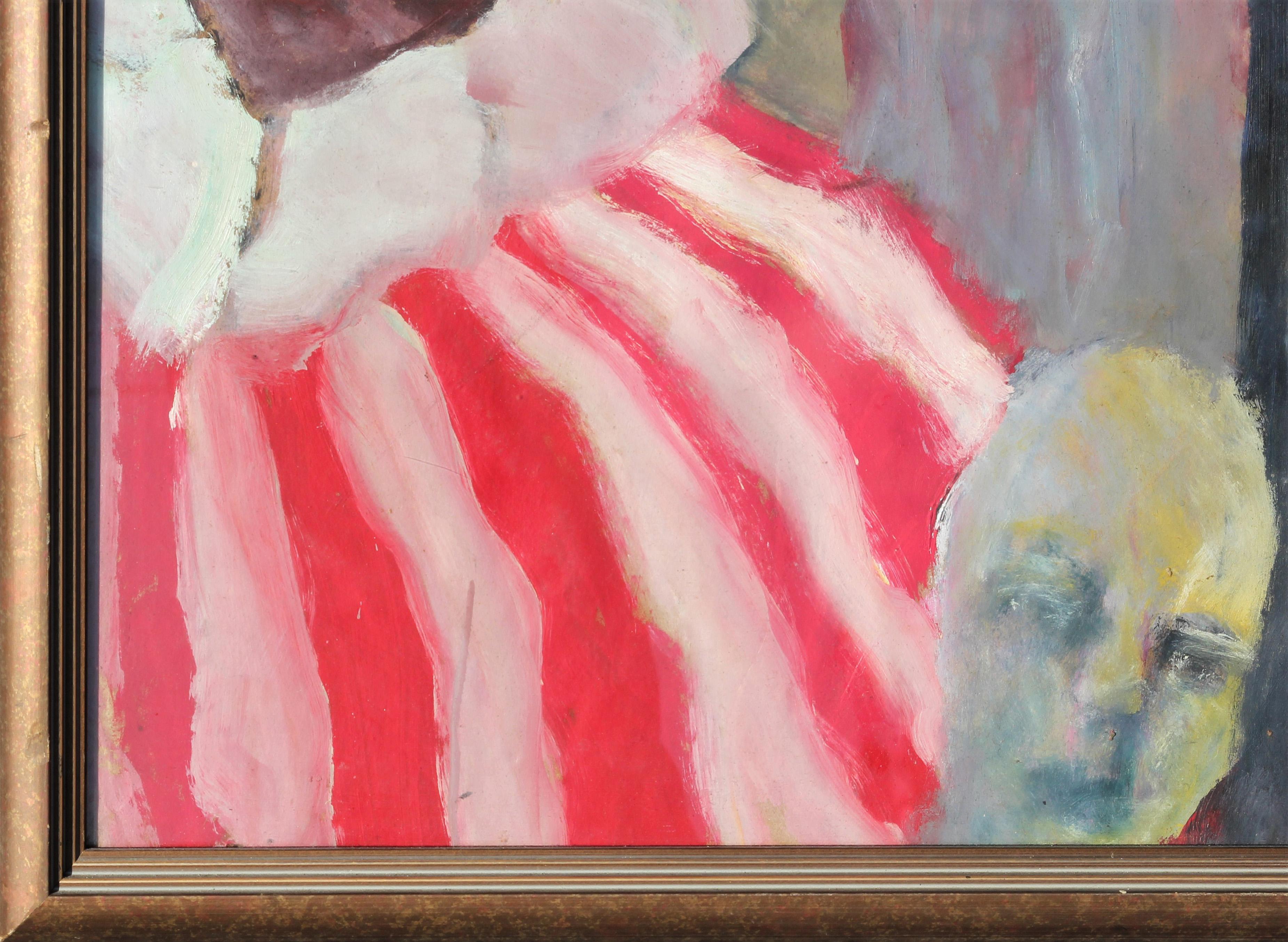 Surreales abstraktes expressionistisches Gemälde einer Gruppe von Clowns im Stil des belgischen Malers James Ensor. Das Werk, das das Makabre mit dem Spielerischen verbindet, zeigt verzerrte Clowns und andere groteske Figuren. Signiert und datiert
