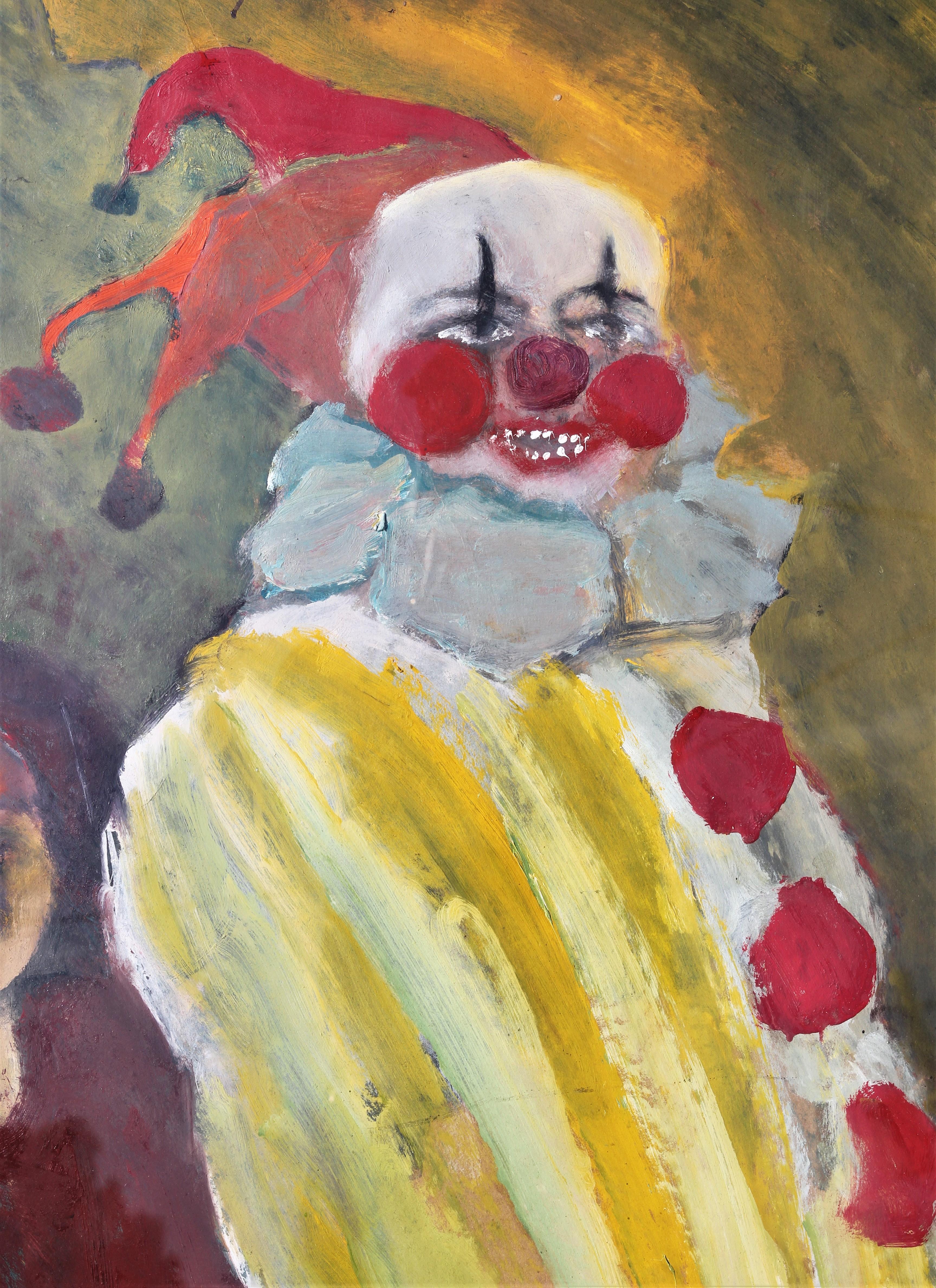 Colorful Surreal Abstract Expressionist Painting of a Macabre Group of Clowns For Sale 1