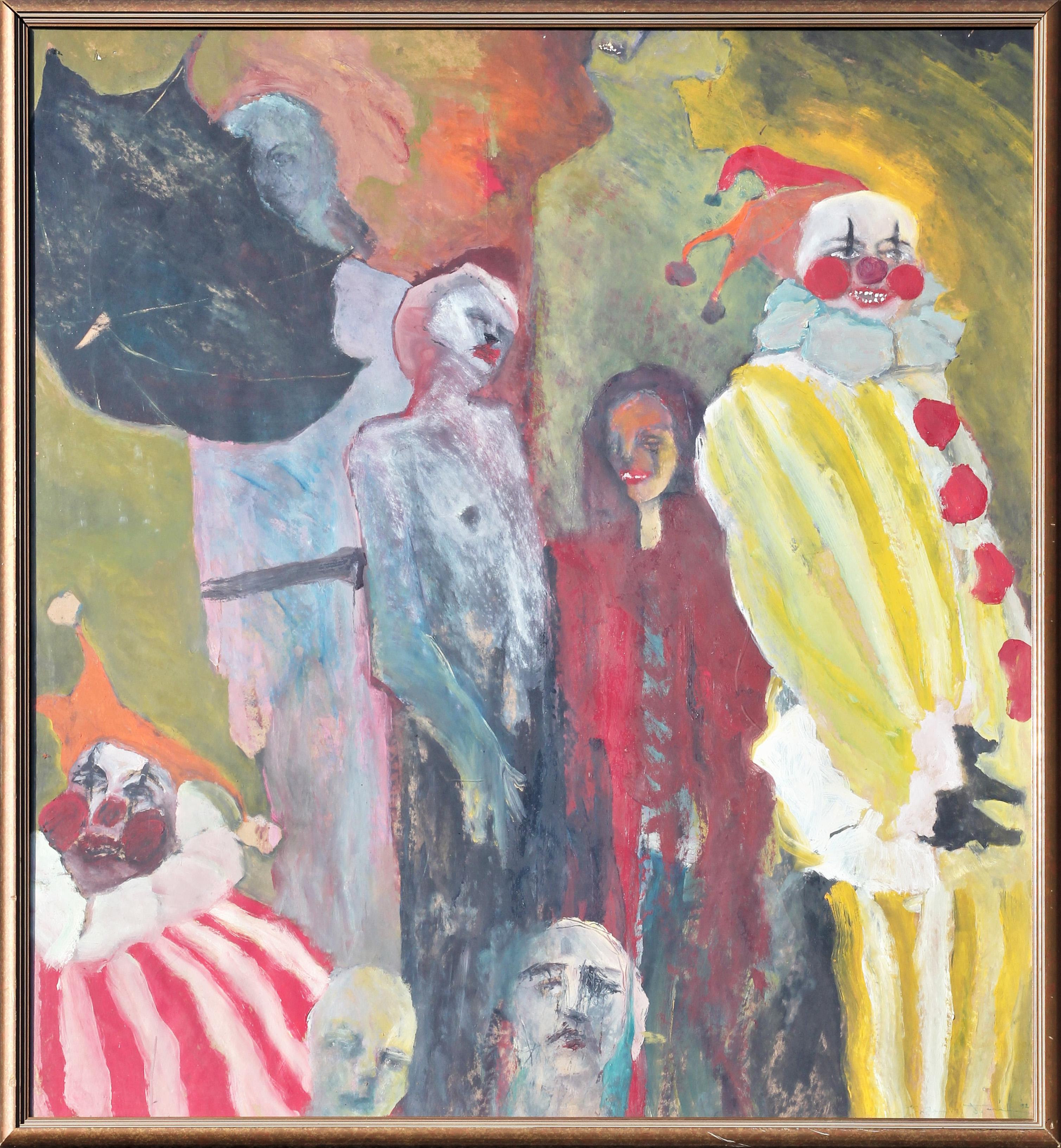 Figurative Painting Unknown - Peinture expressionniste abstraite colorée surréaliste et surréaliste d'un groupe de clowns de Macabre