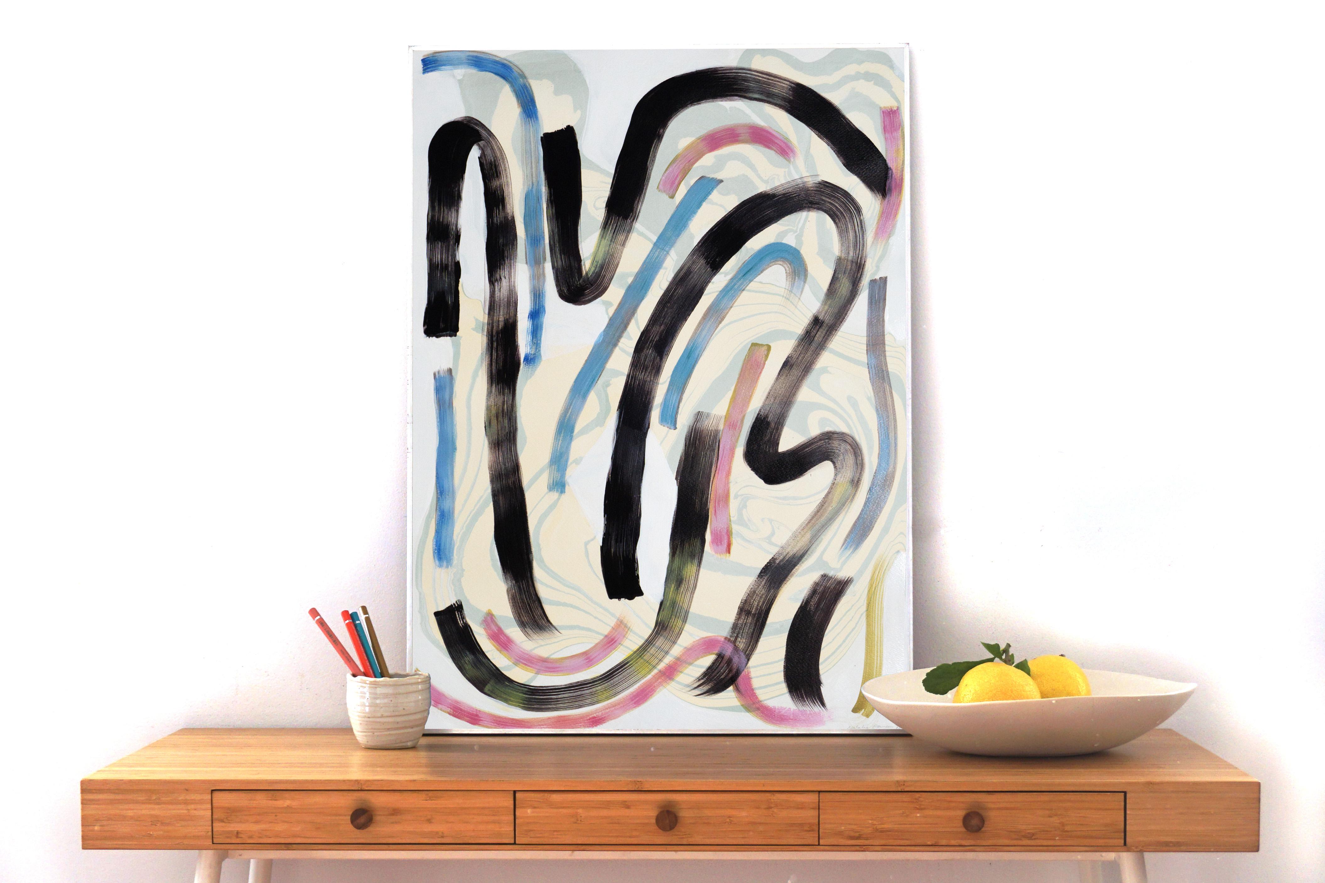 „Colorful Swooshes and Swirls No.1“, 70x50 cm Mixed Media auf Papier, Sumi-Tinte  (Abstrakt), Art, von Unknown