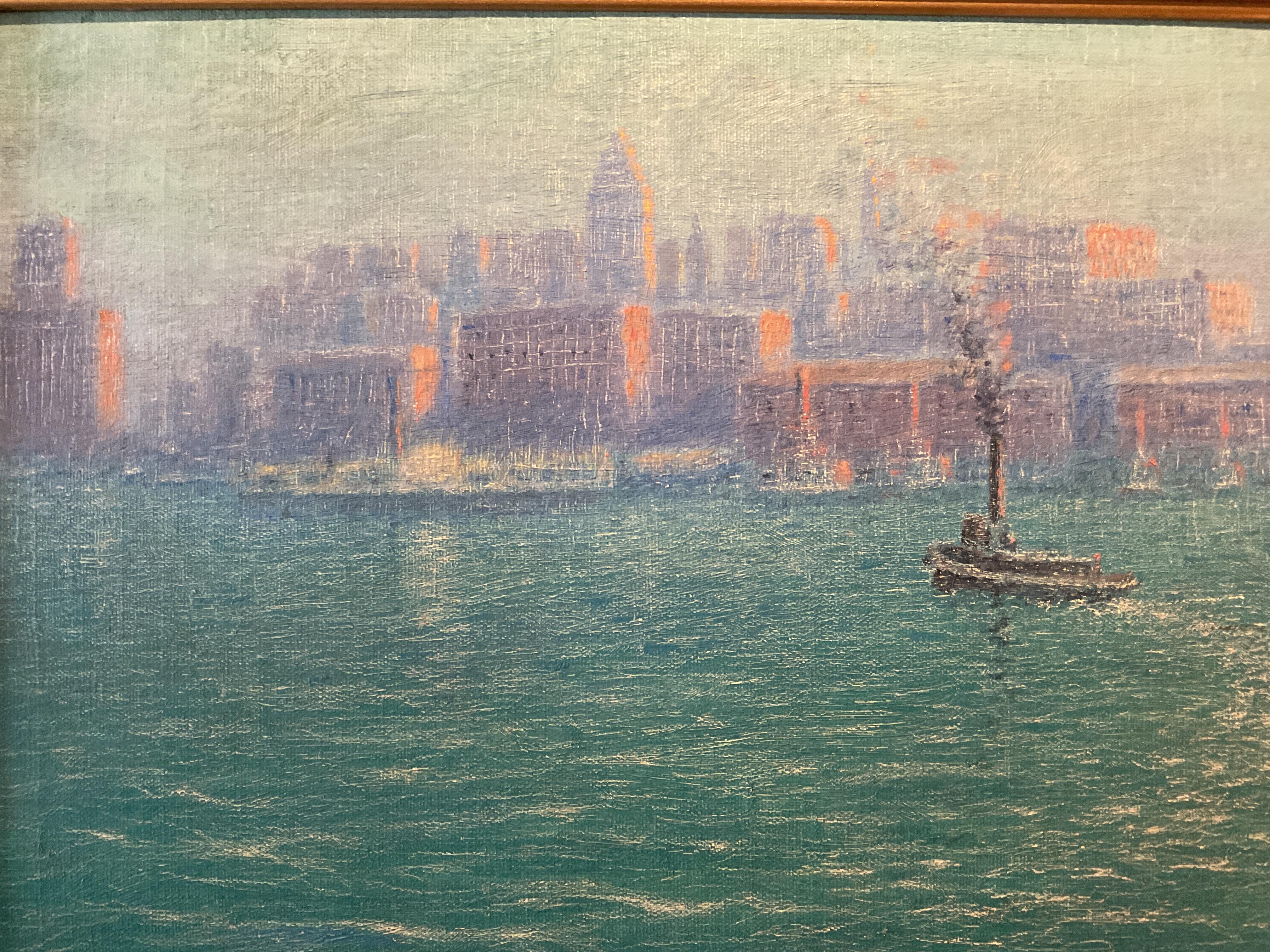 Colorato dipinto a olio d'epoca del panorama di Manhattan, circa 1940. - Painting di Unknown