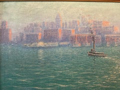 Colorful Vintage New York City Manhattan Skyline Oil Painting, ca 1940’s.