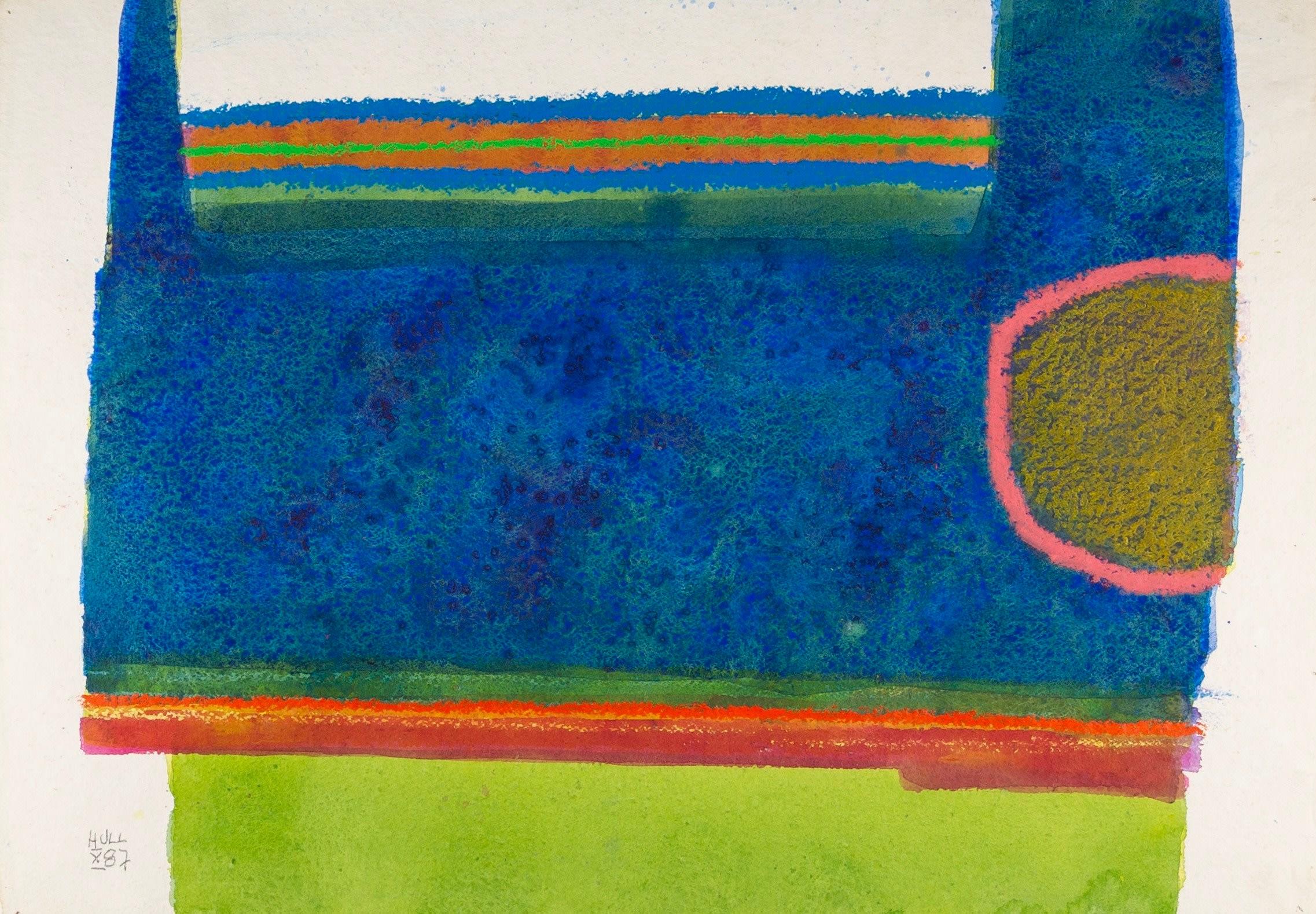 Zusammensetzung (Blau, Grün, Orange und Rot), 1987
Signiert und datiert
Acryl und Aquarell auf Papier
69 x 92 cm
27 1/8 x 36 1/4 in