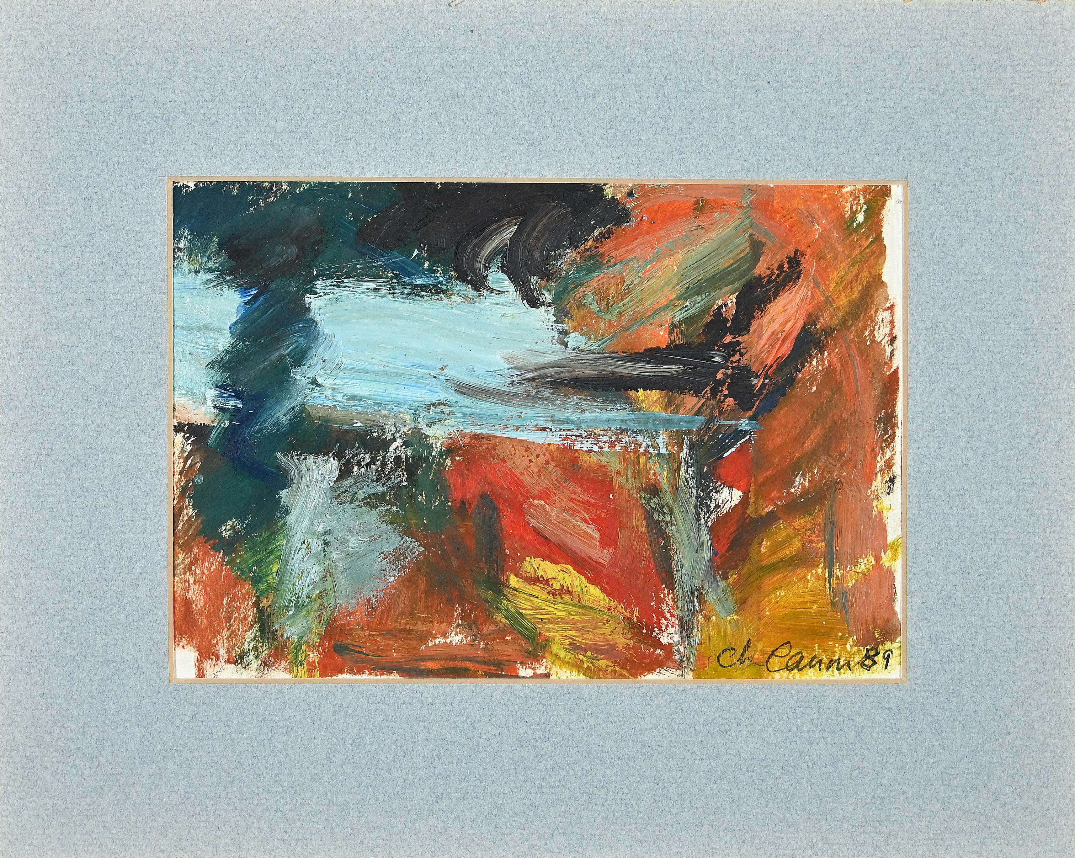 Unknown Abstract Painting - Composition - Original Oil on Cardboard - 1989