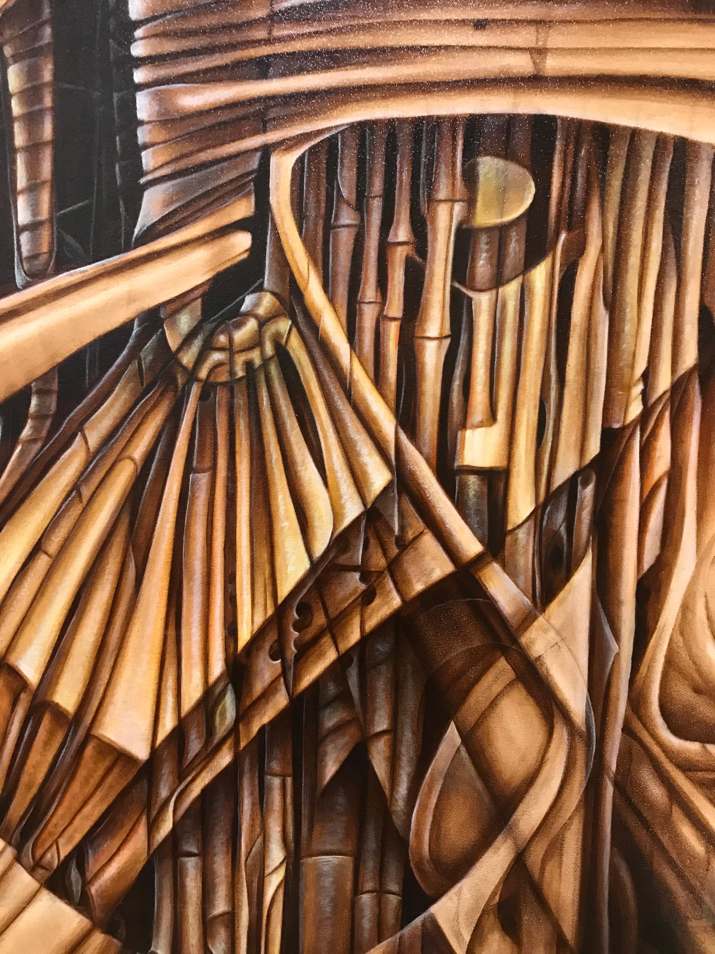 Composition with Bamboos- Acrylic on Canvas Signed Cherubini - Naturalistic Painting by Unknown