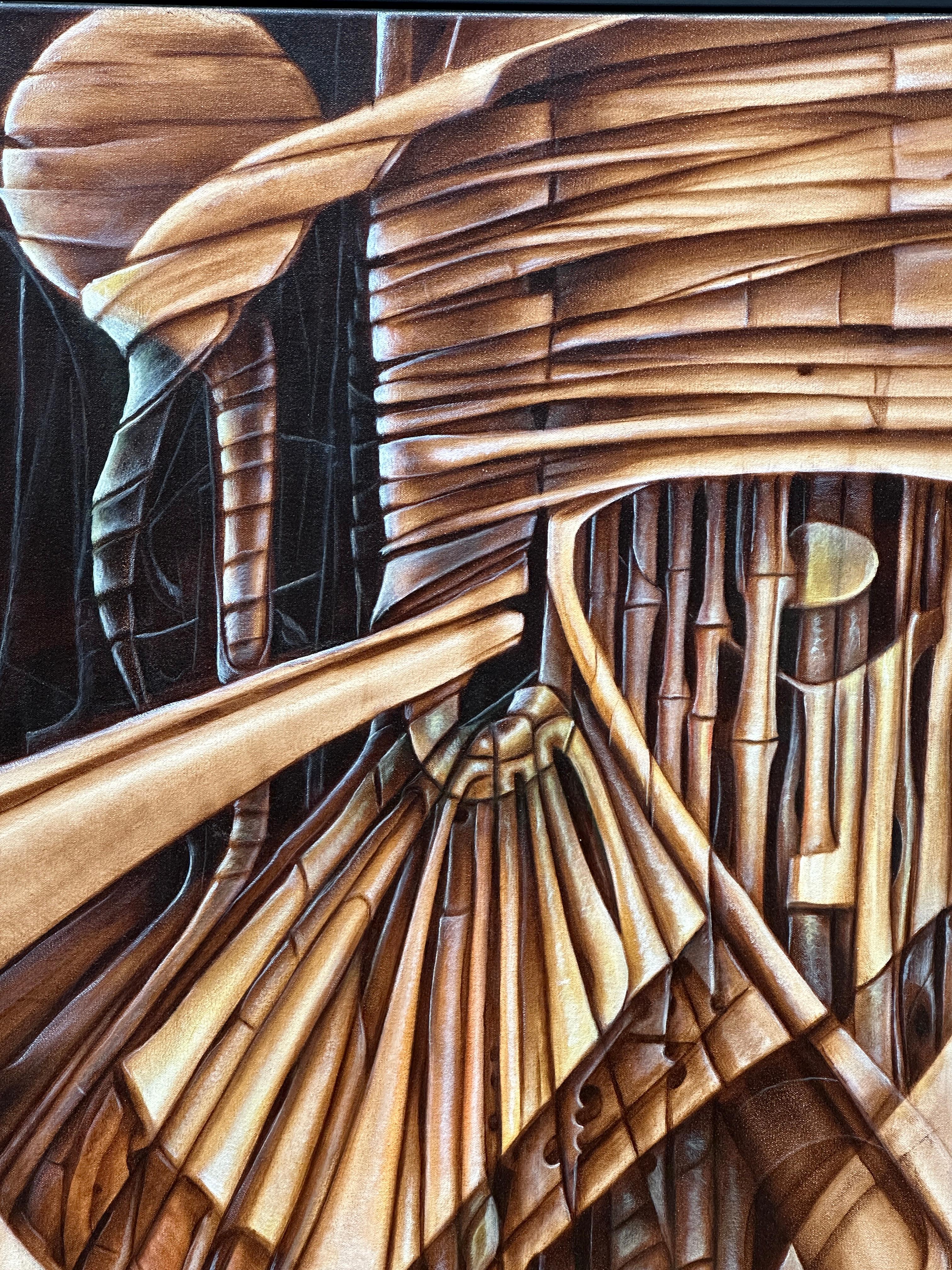 The beauty and magic of art are that every artist has their unique take on the same subject
matter. In this particular case, no other artists would interpret them like that.
This organic painting depicts a close-up of a bench of bamboo, with each