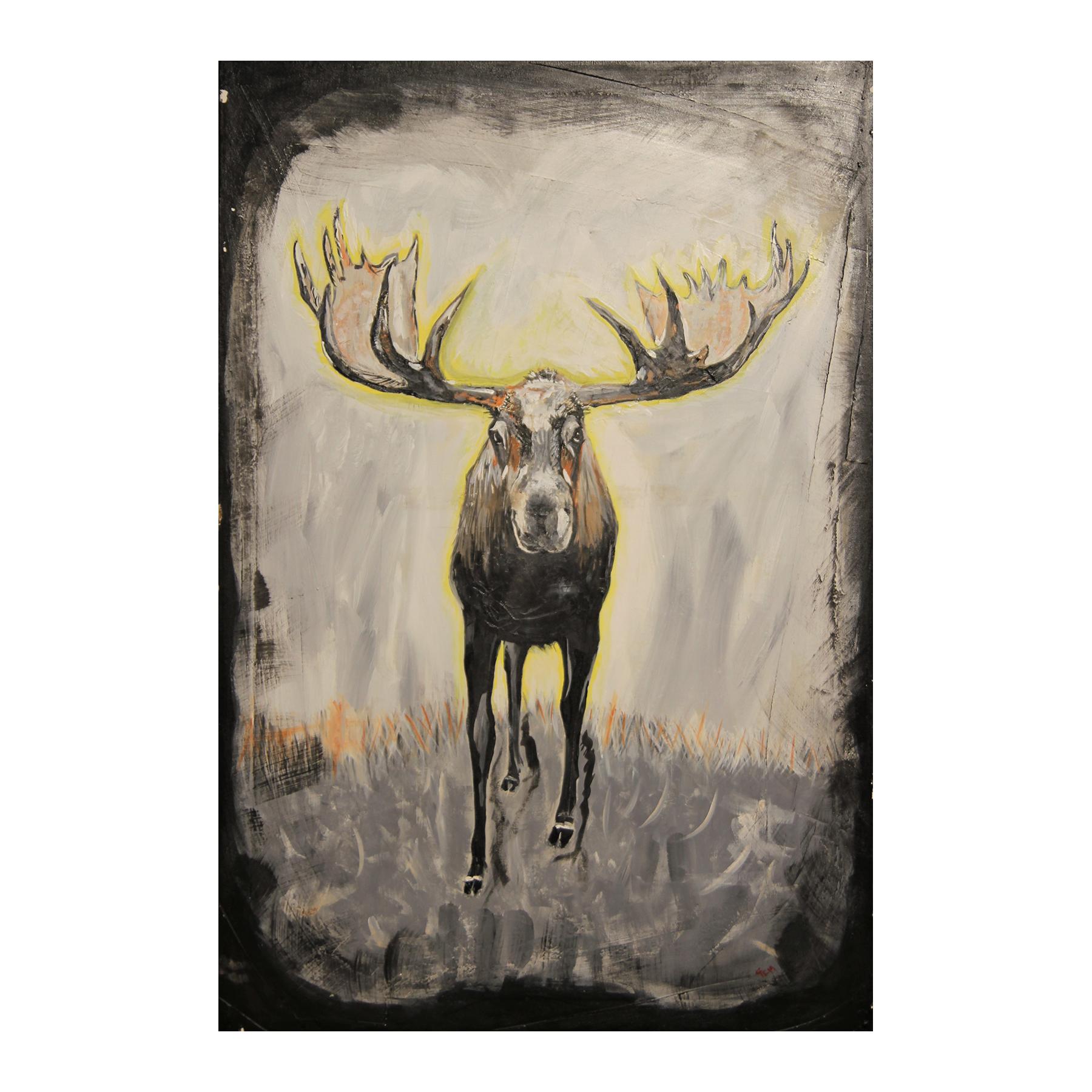 Unknown Abstract Painting - Contemporary Abstract Black and Yellow Figurative Moose Animal Painting 