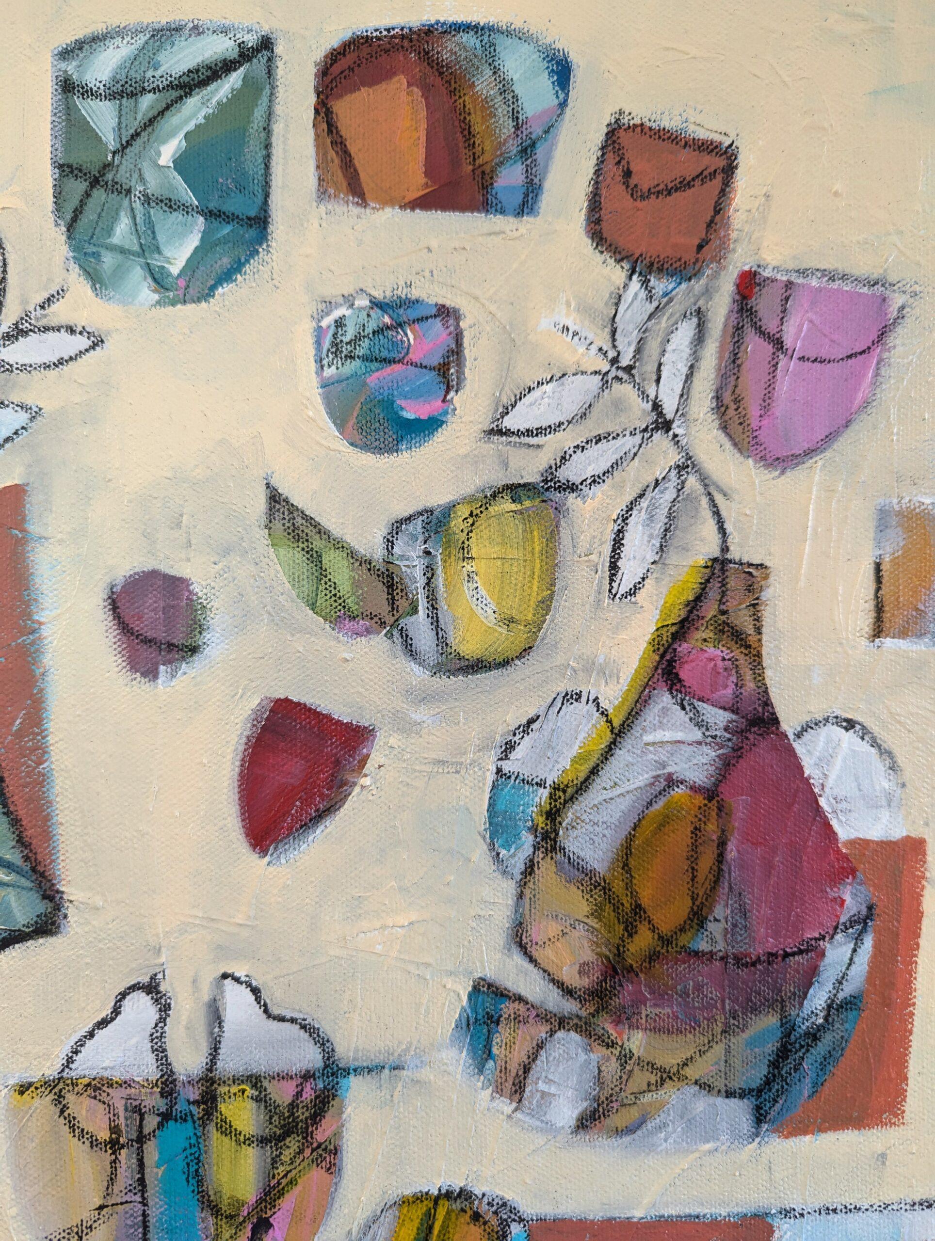 Naturaleza muerta abstracta contemporánea Pintura al óleo y acrílico - La fiesta en venta 3