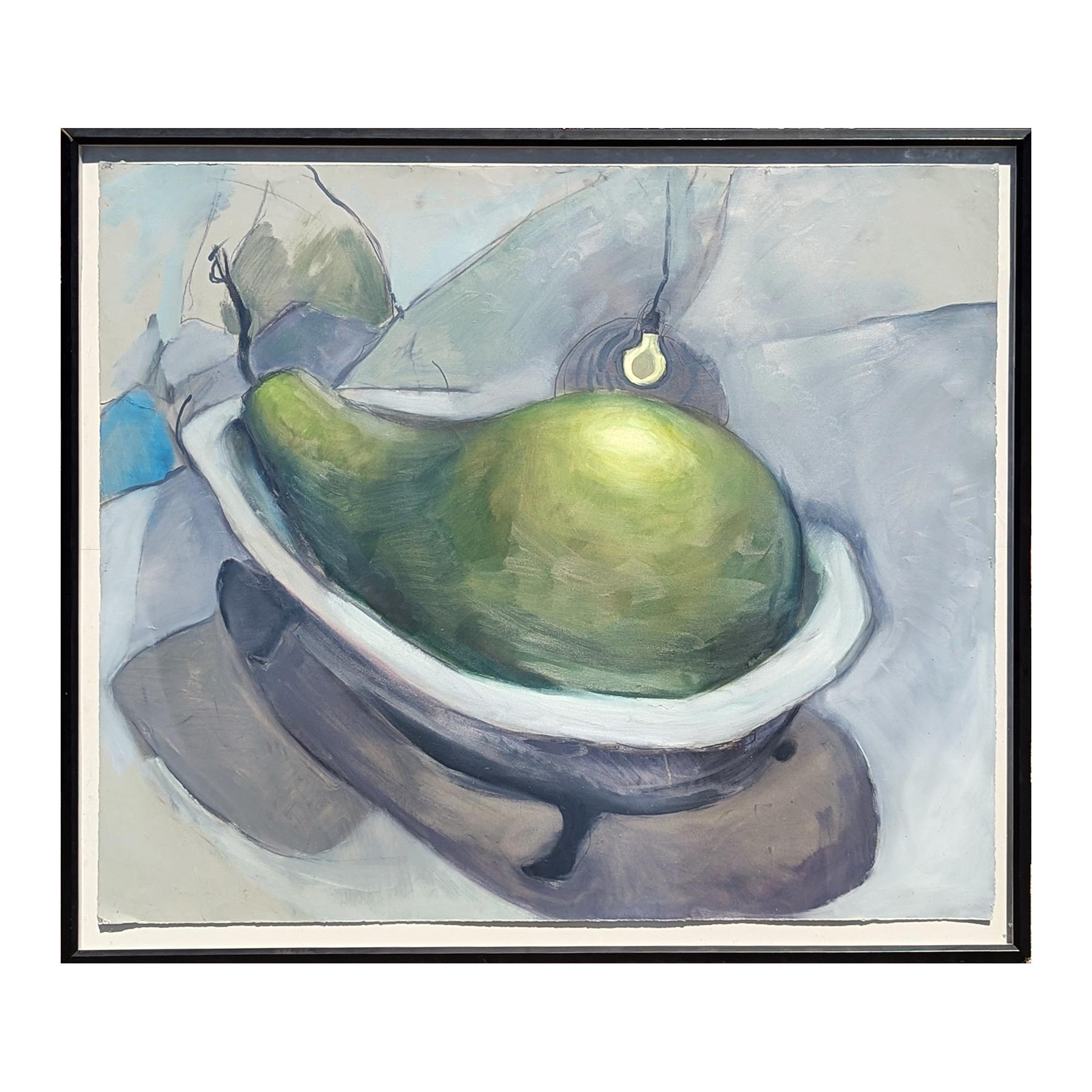 Contemporary Abstract Surrealist Painting of a Green Pear in a Bathtub - Gray Still-Life Painting by Unknown