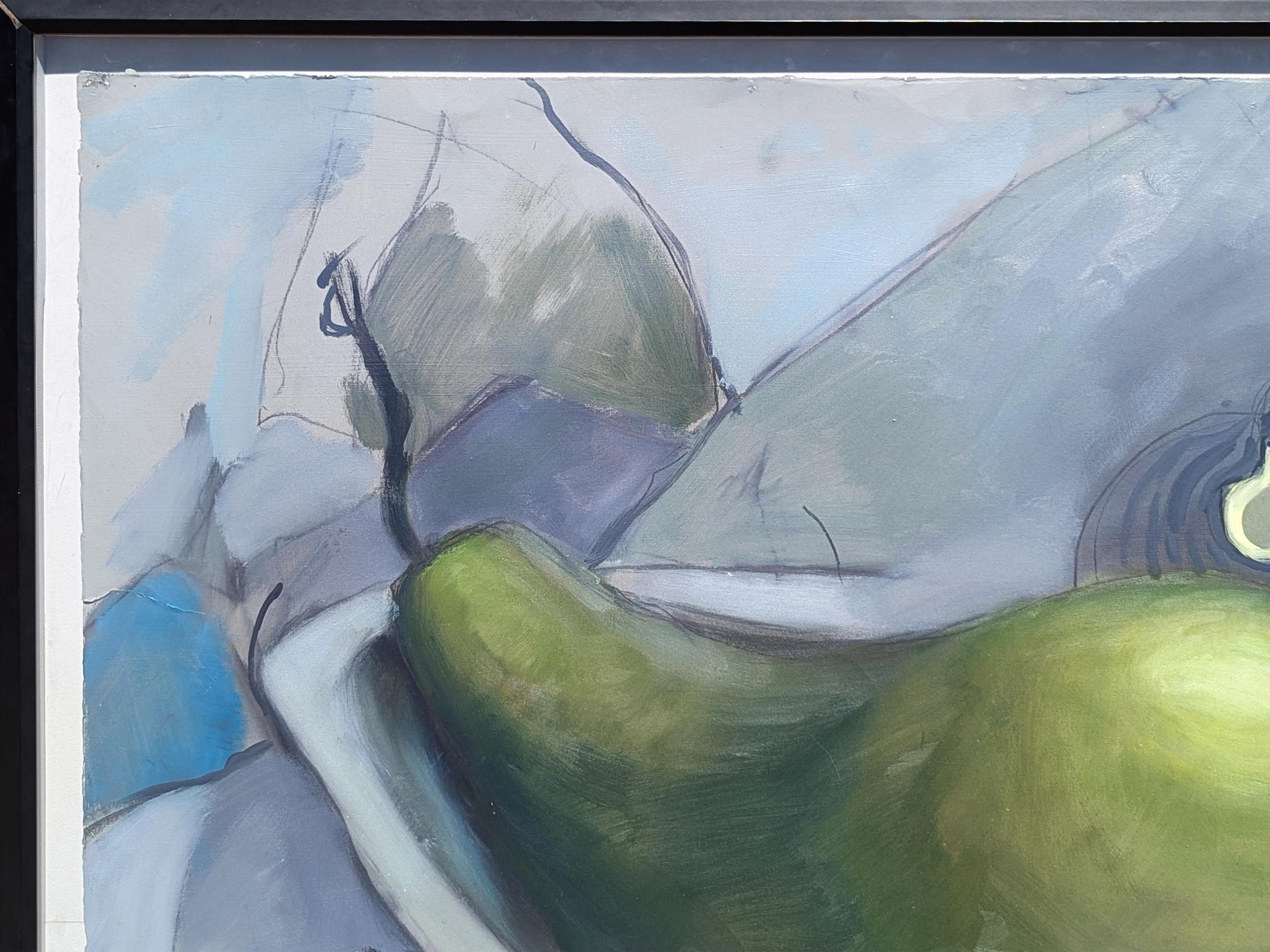 Contemporary abstract surrealist painting of green pear lounging in a white bathtub with a single lightbulb hung over it. The scene is set against a light grey abstract background. Currently hung in a black frame behind glass.

Dimensions Without