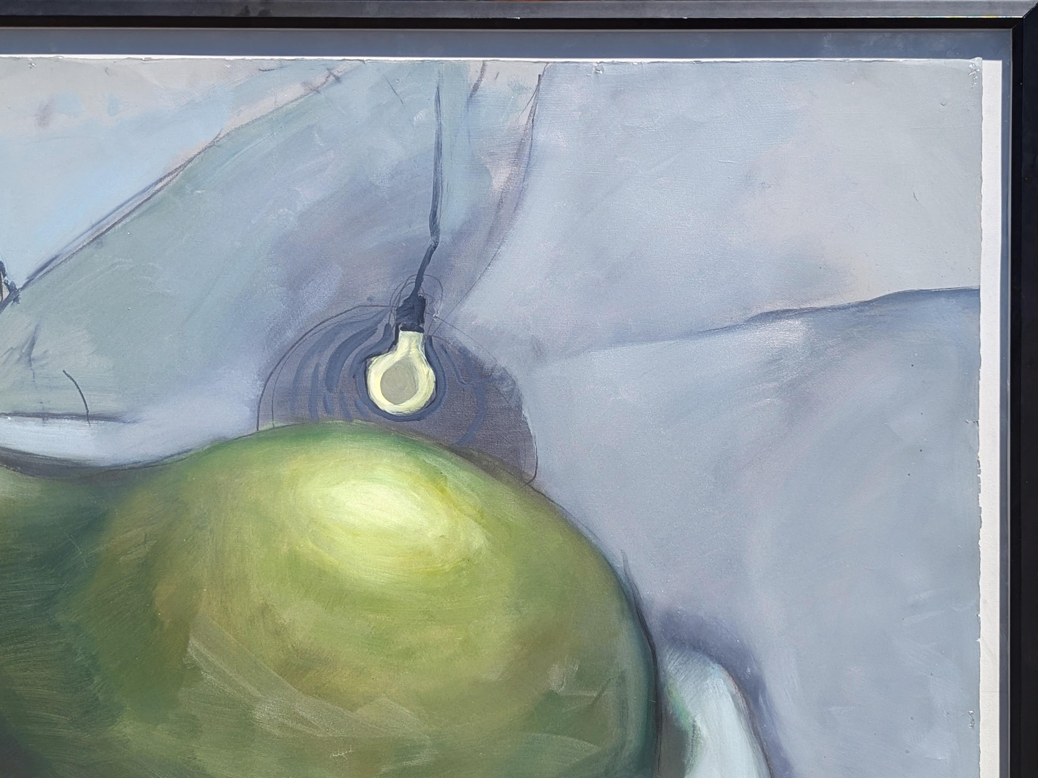 Contemporary Abstract Surrealist Painting of a Green Pear in a Bathtub For Sale 1