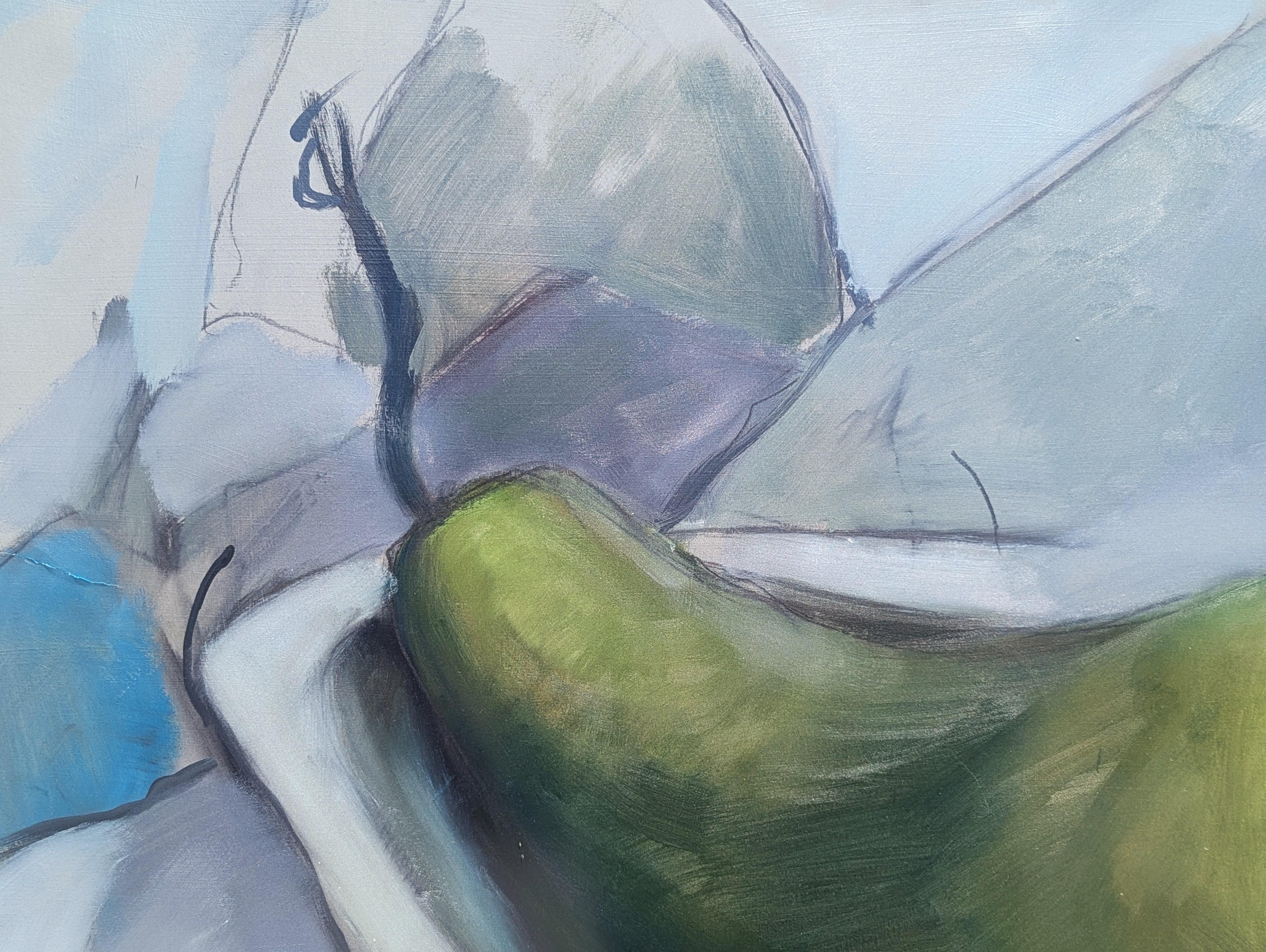 Contemporary Abstract Surrealist Painting of a Green Pear in a Bathtub For Sale 4