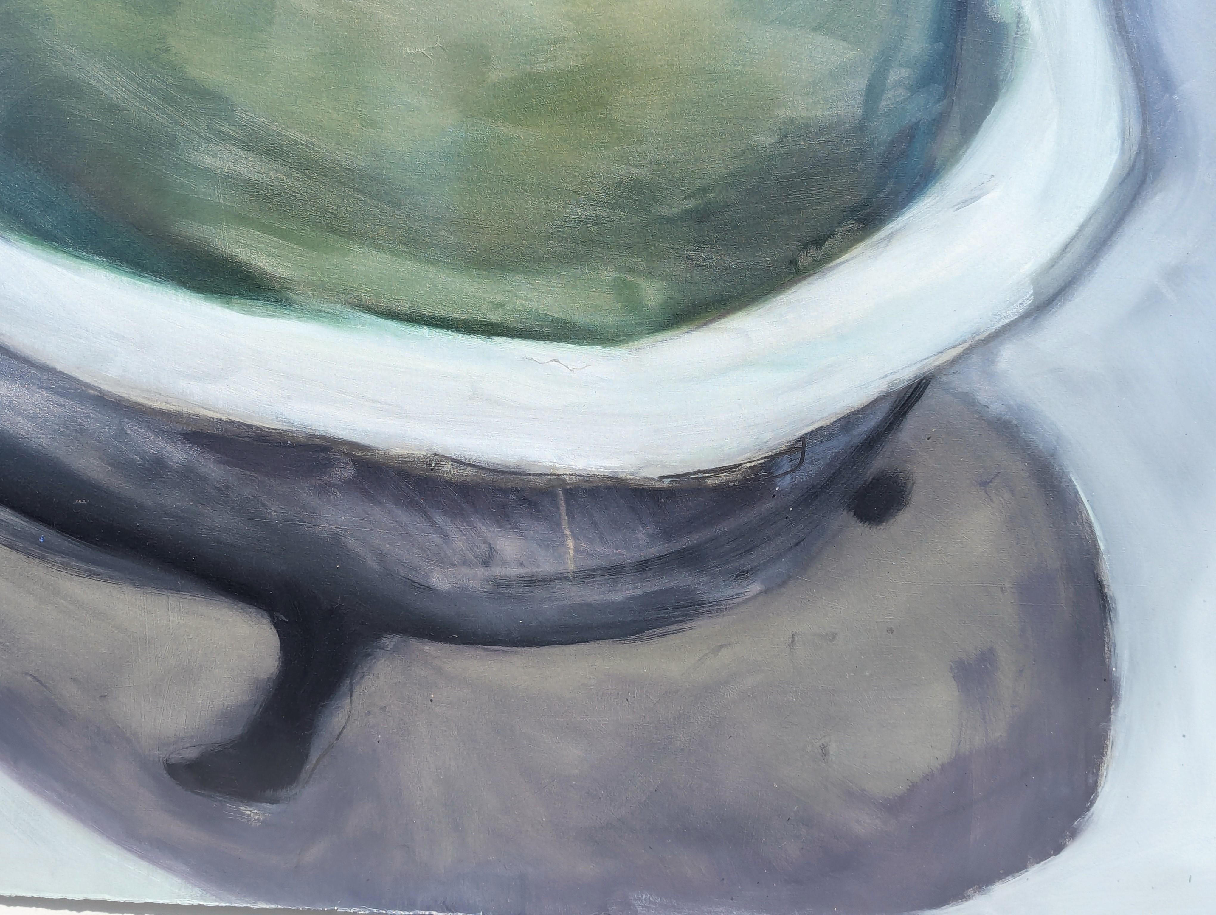 Contemporary Abstract Surrealist Painting of a Green Pear in a Bathtub For Sale 6