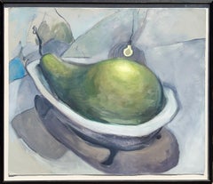 Pintura abstracta surrealista contemporánea de una pera verde en una bañera