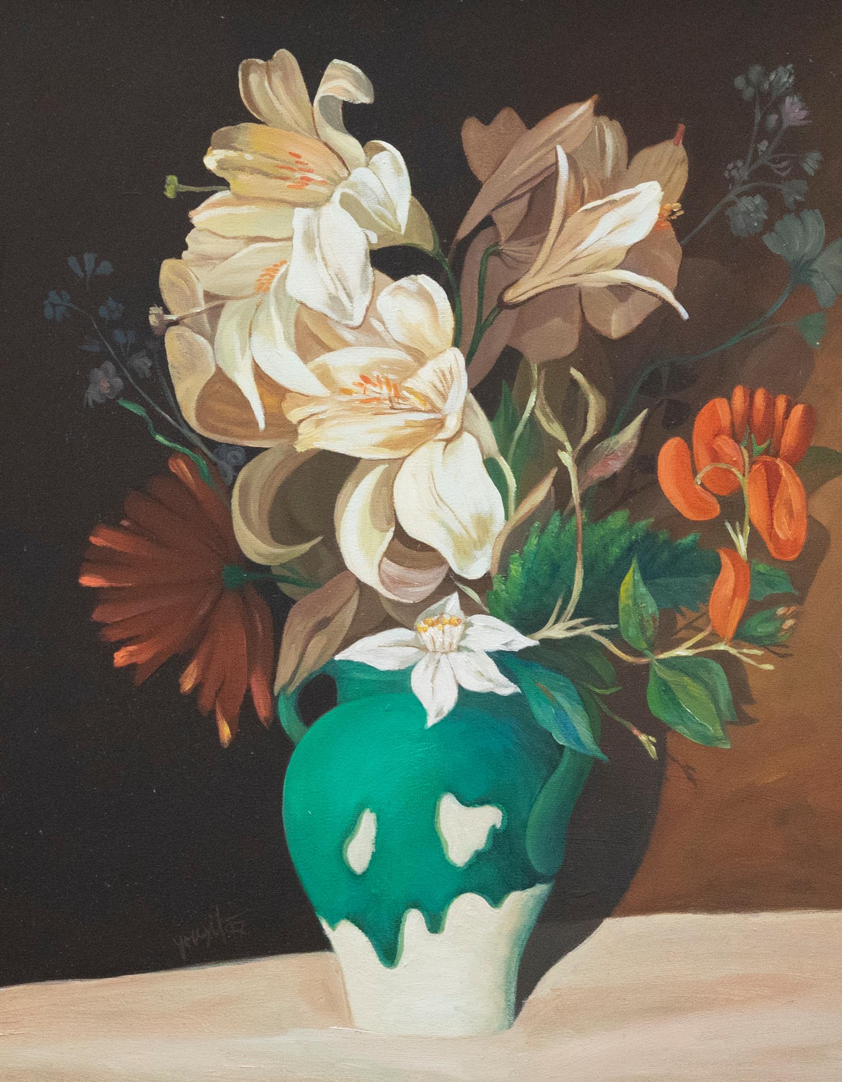 Contemporary Acrylic - Lirios en un jarrón azul - Painting de Unknown