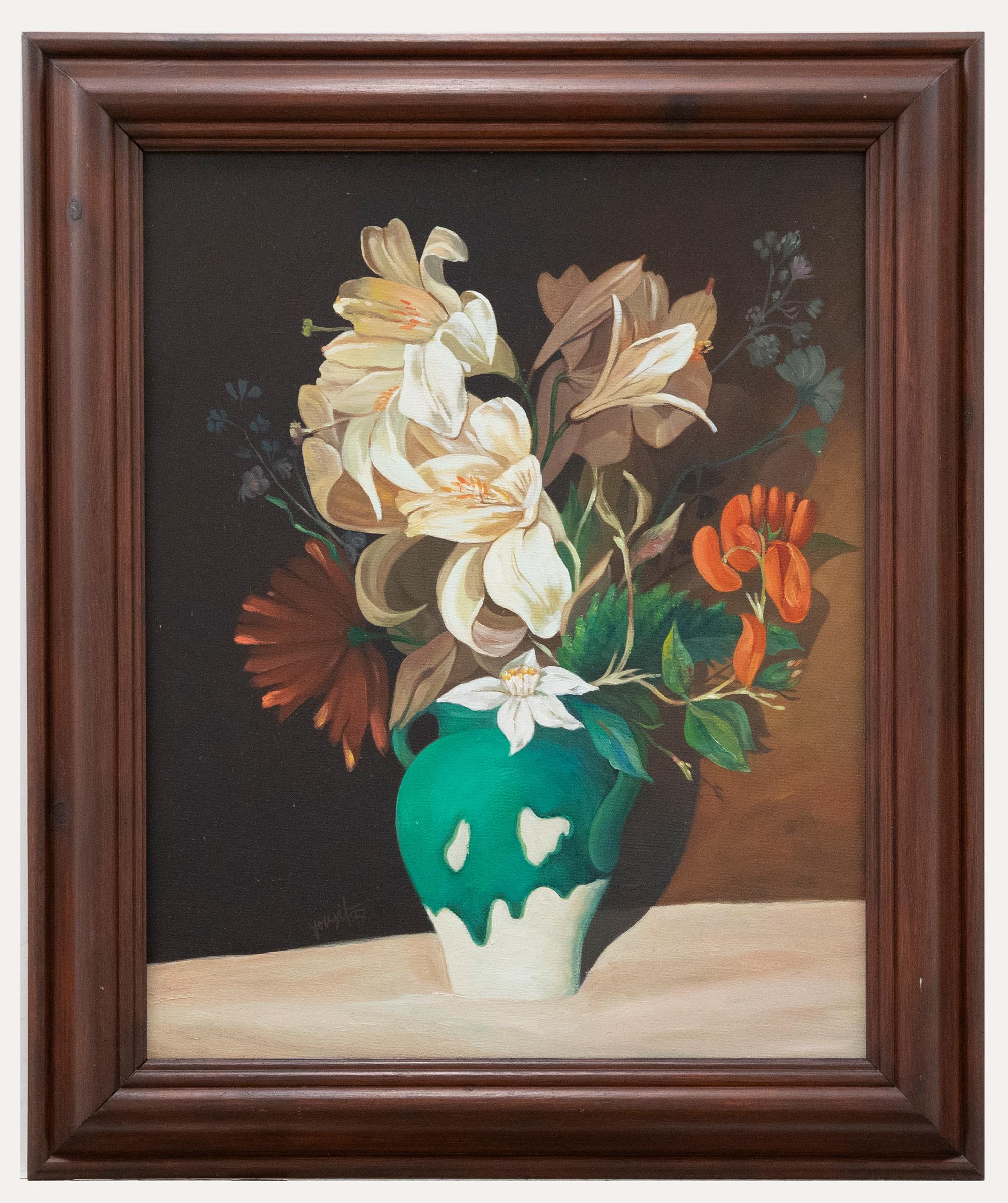 Still-Life Painting de Unknown - Contemporary Acrylic - Lirios en un jarrón azul