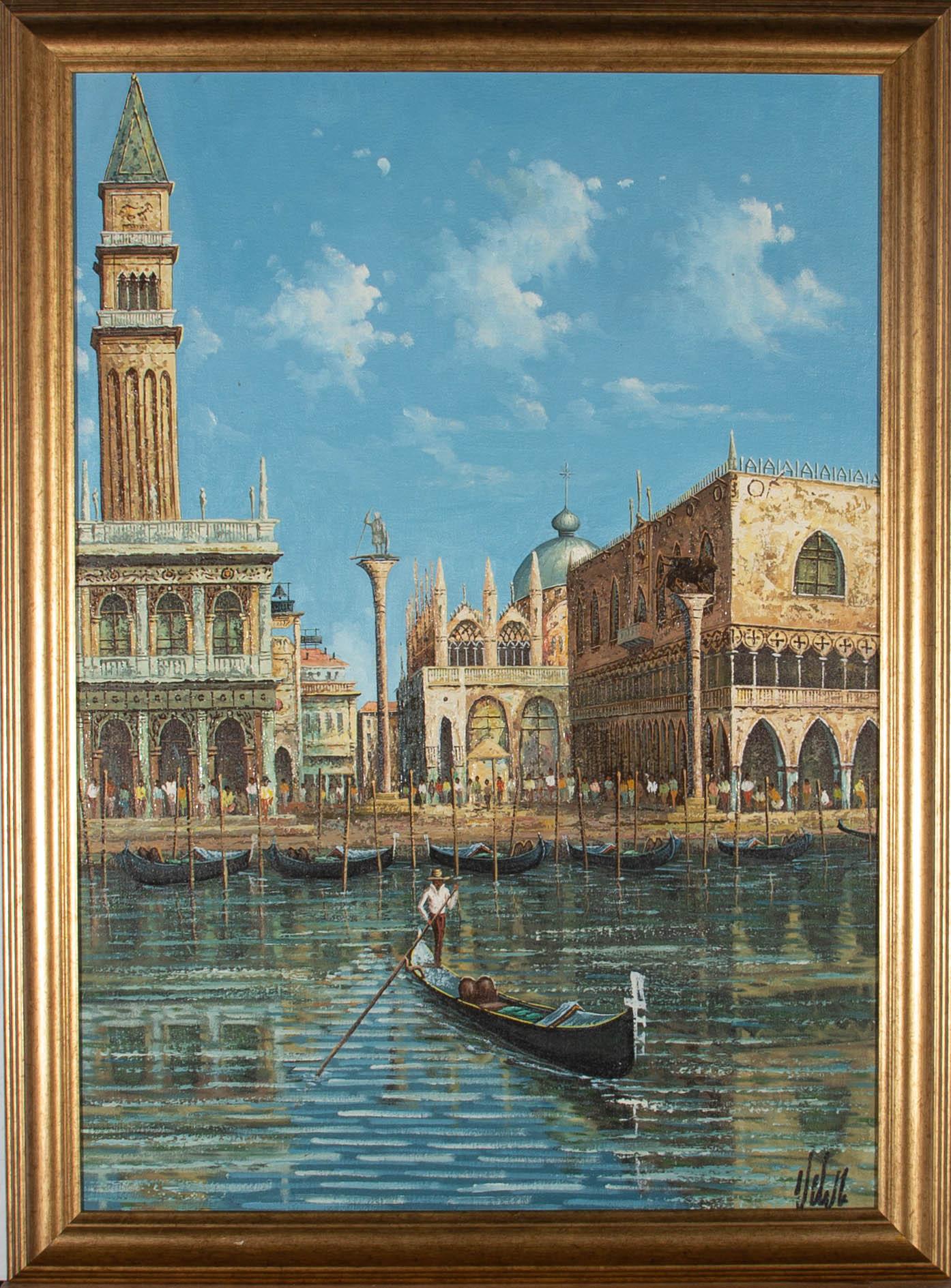 Contemporary Acrylic - Venetian Scene with Gondola - Painting by Unknown
