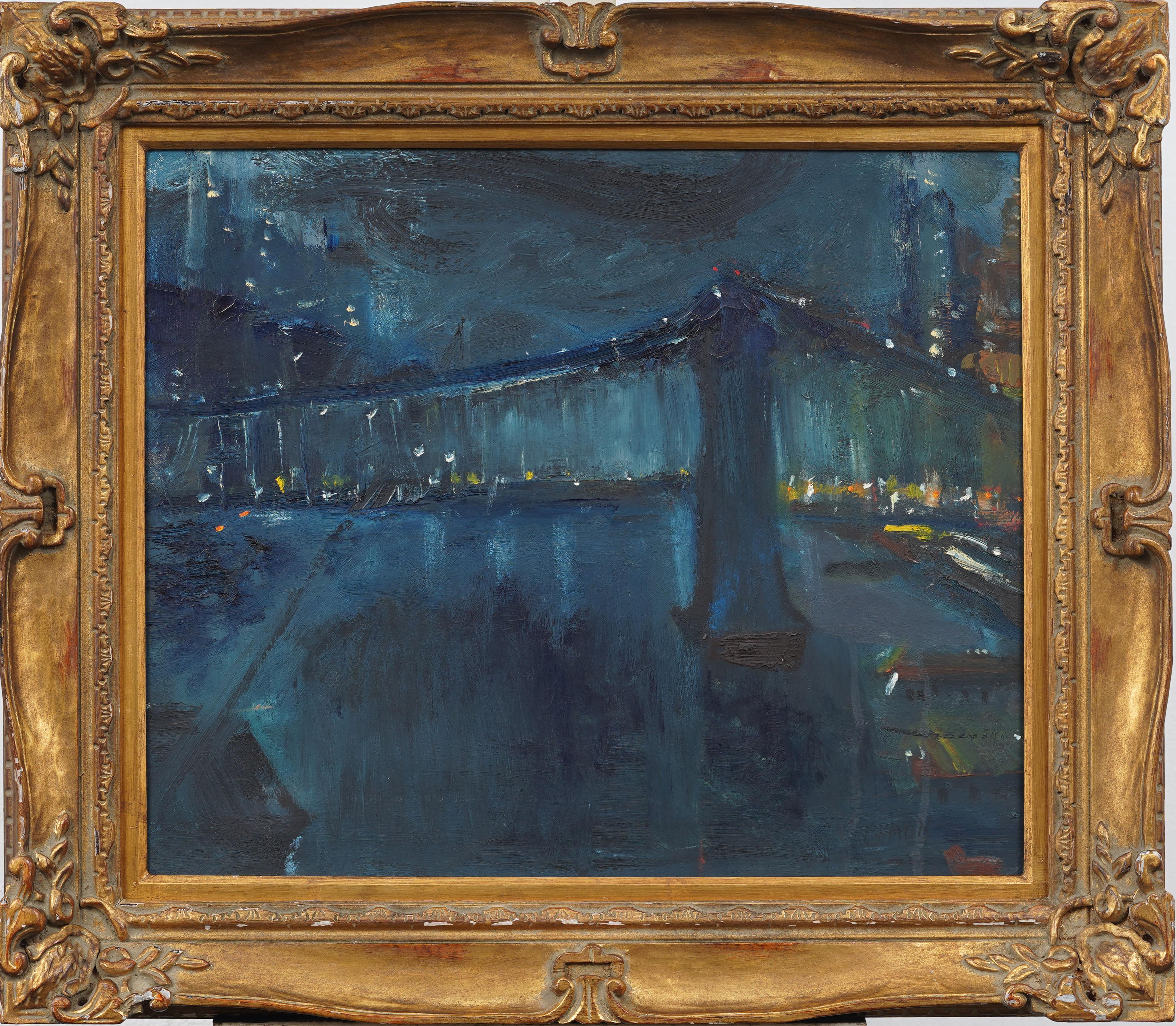 Contemporary American Modernist Nocturnal New York Cityscape Framed Oil Painting - Black Landscape Painting by Unknown