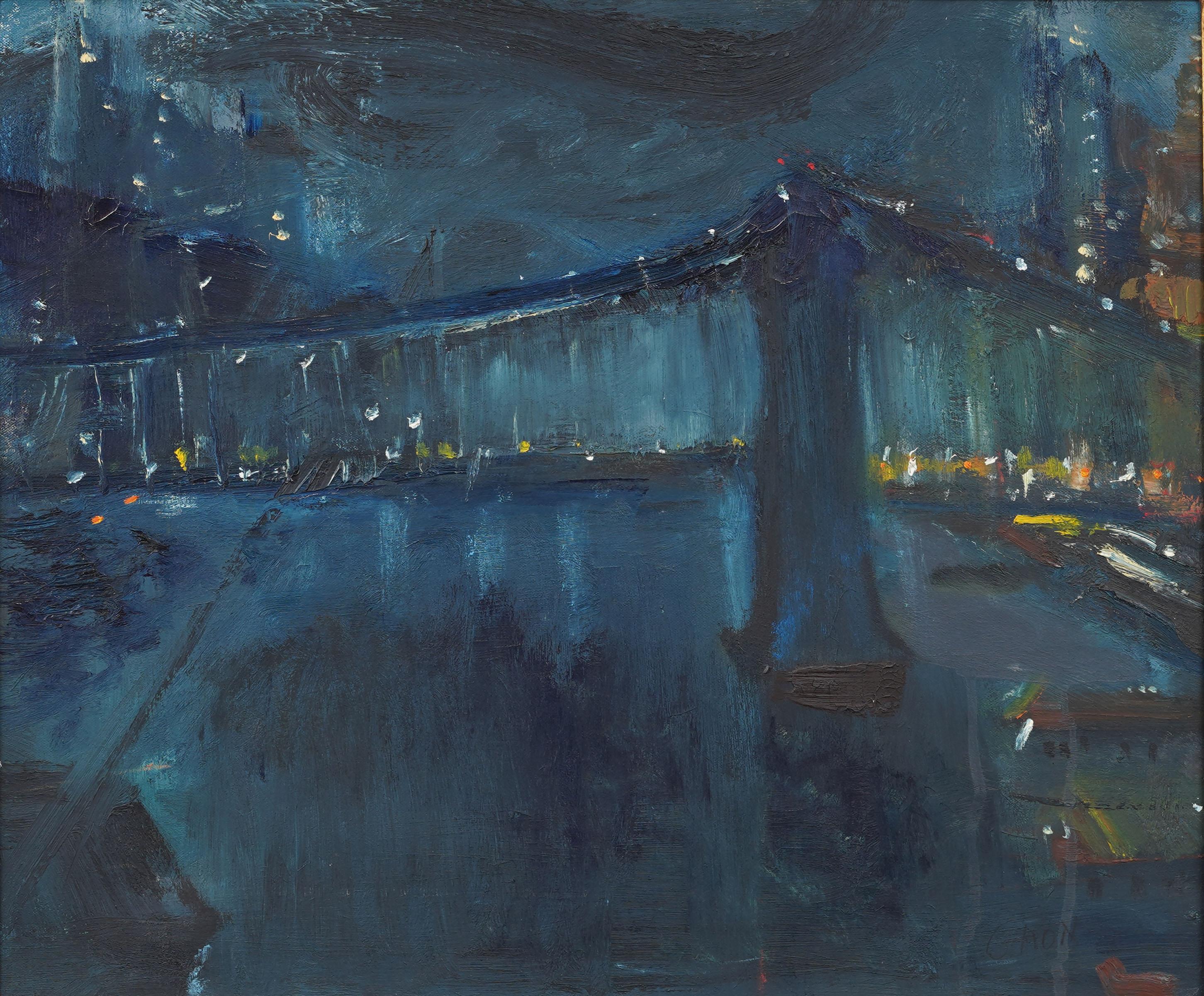 Oil on canvas, 27 x 31 inches overall, 20 x 24 inches image size.
A modern urban nocturne depicting the Manhattan Bridge at night, painted with gestural brushwork and a restrained, blue-dominant palette. Streetlights and reflections are rendered in