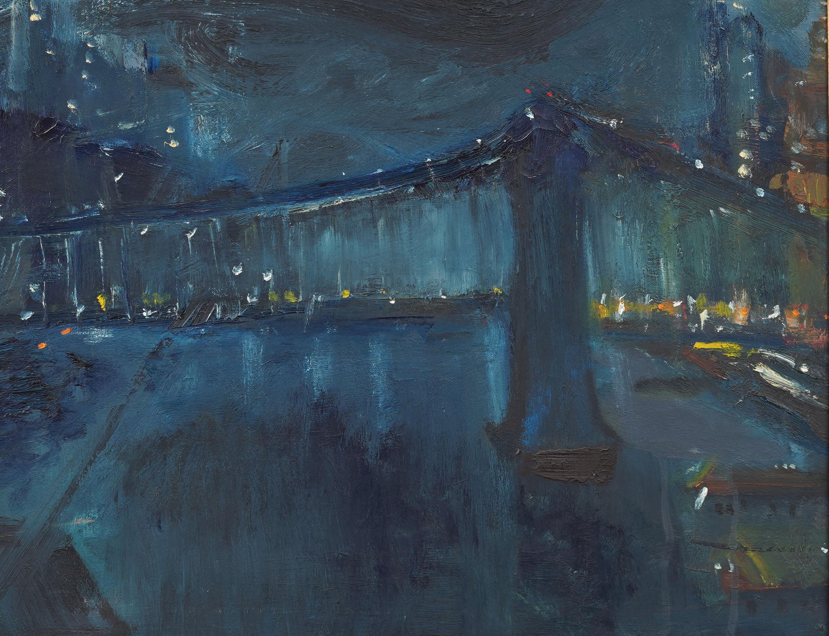 Contemporary American Modernist Nocturnal New York Cityscape Framed Oil Painting For Sale 1