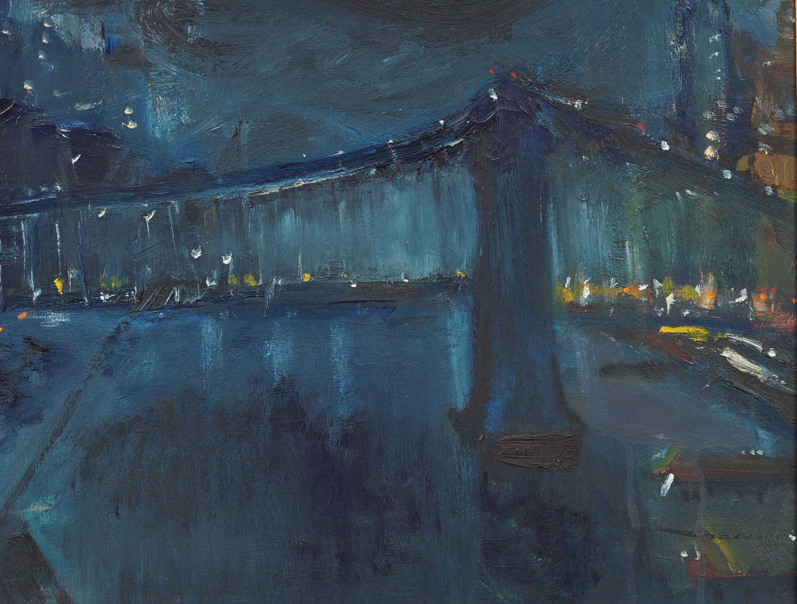 Contemporary American Modernist Nocturnal New York Cityscape Framed Oil Painting For Sale 2